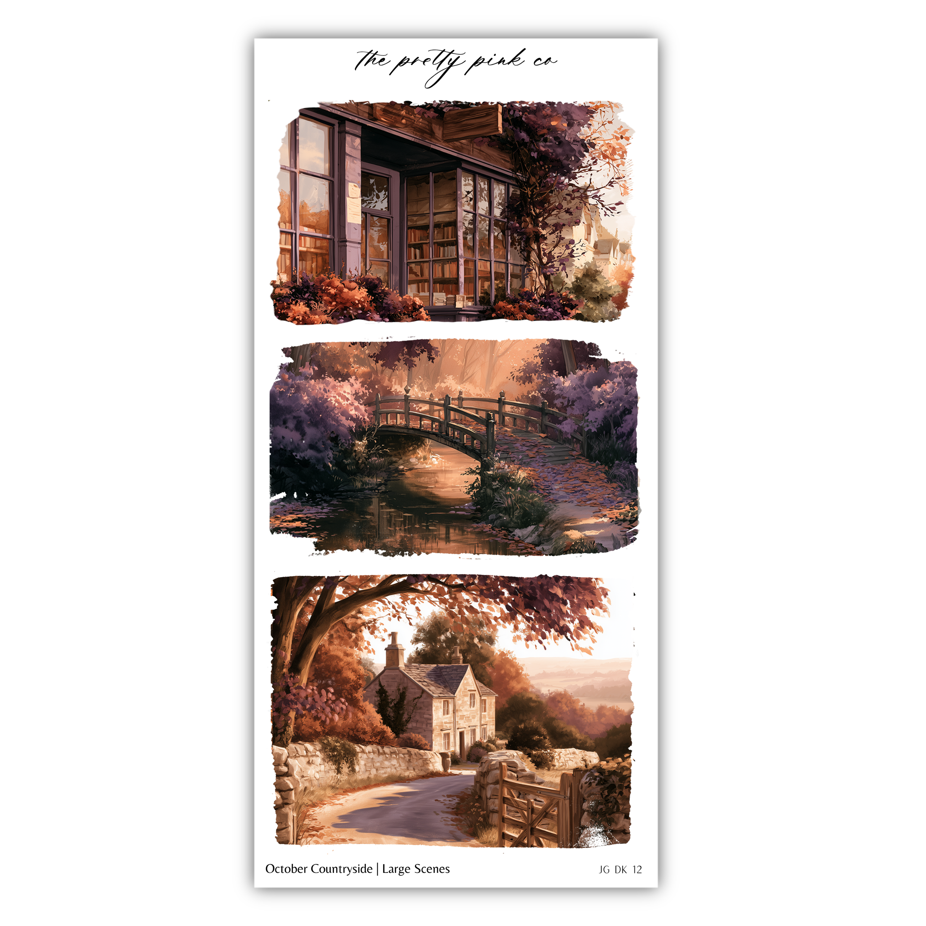 The image is a collage of three pictures depicting various scenic landscapes, including a house, a bridge, and a tree-lined path.