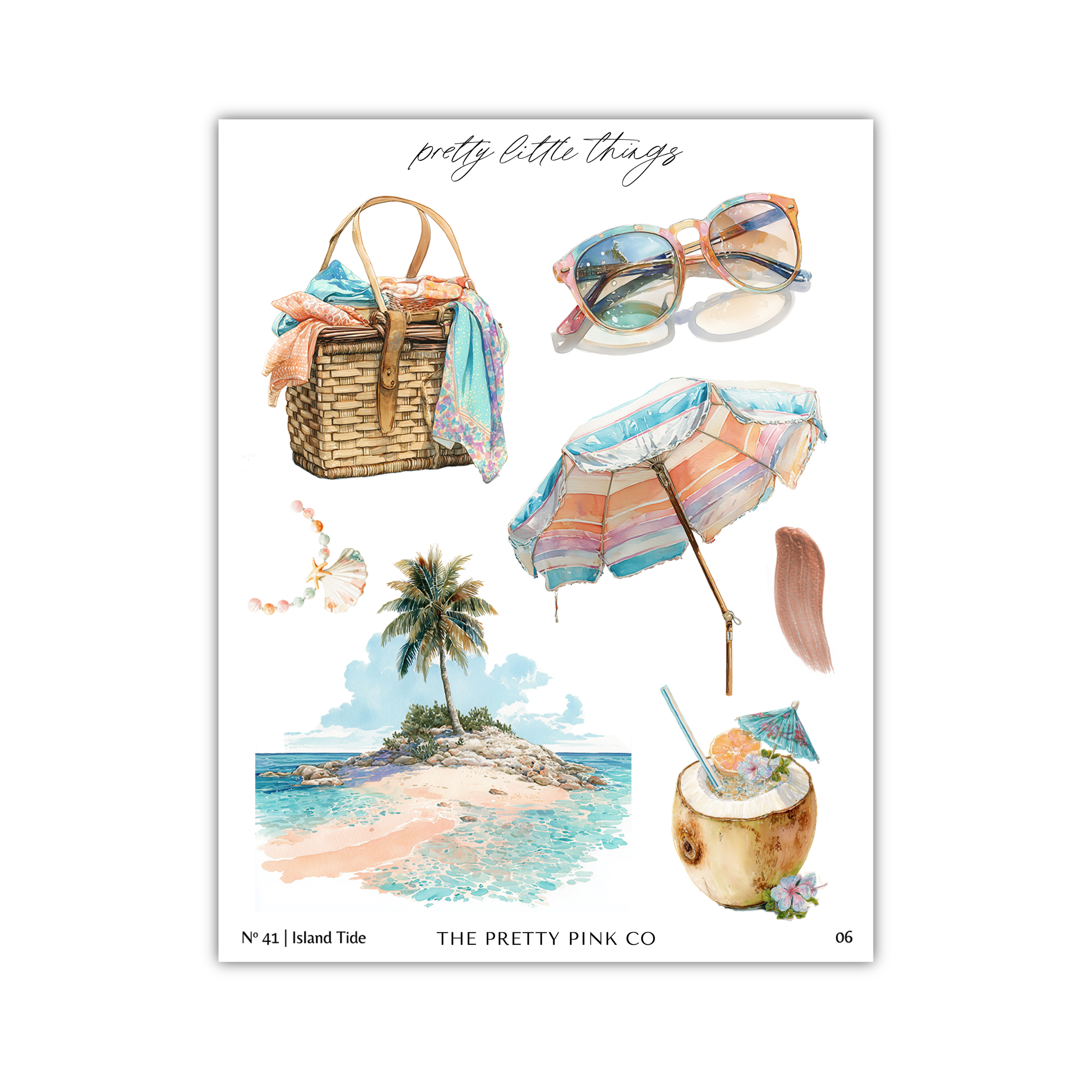 The image is a collage of various tropical-themed items, including a wicker basket, sunglasses, an umbrella, a palm tree, a coconut drink, and a beach scene.