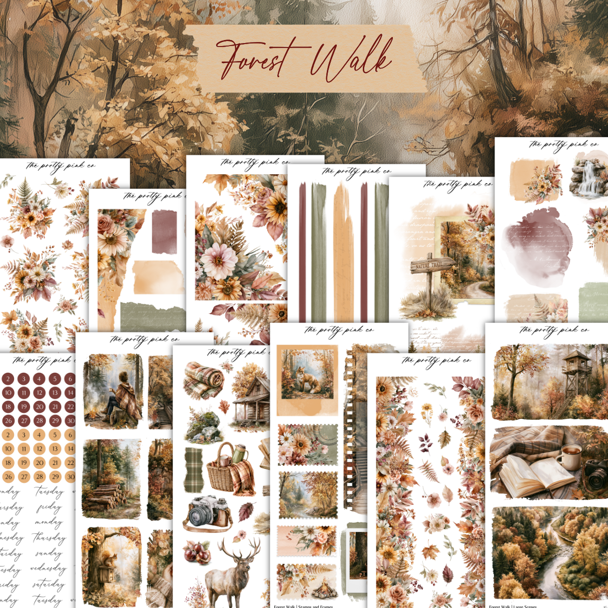 The image is a collage of various autumn-themed images, including floral patterns, natural elements, and textured backgrounds.