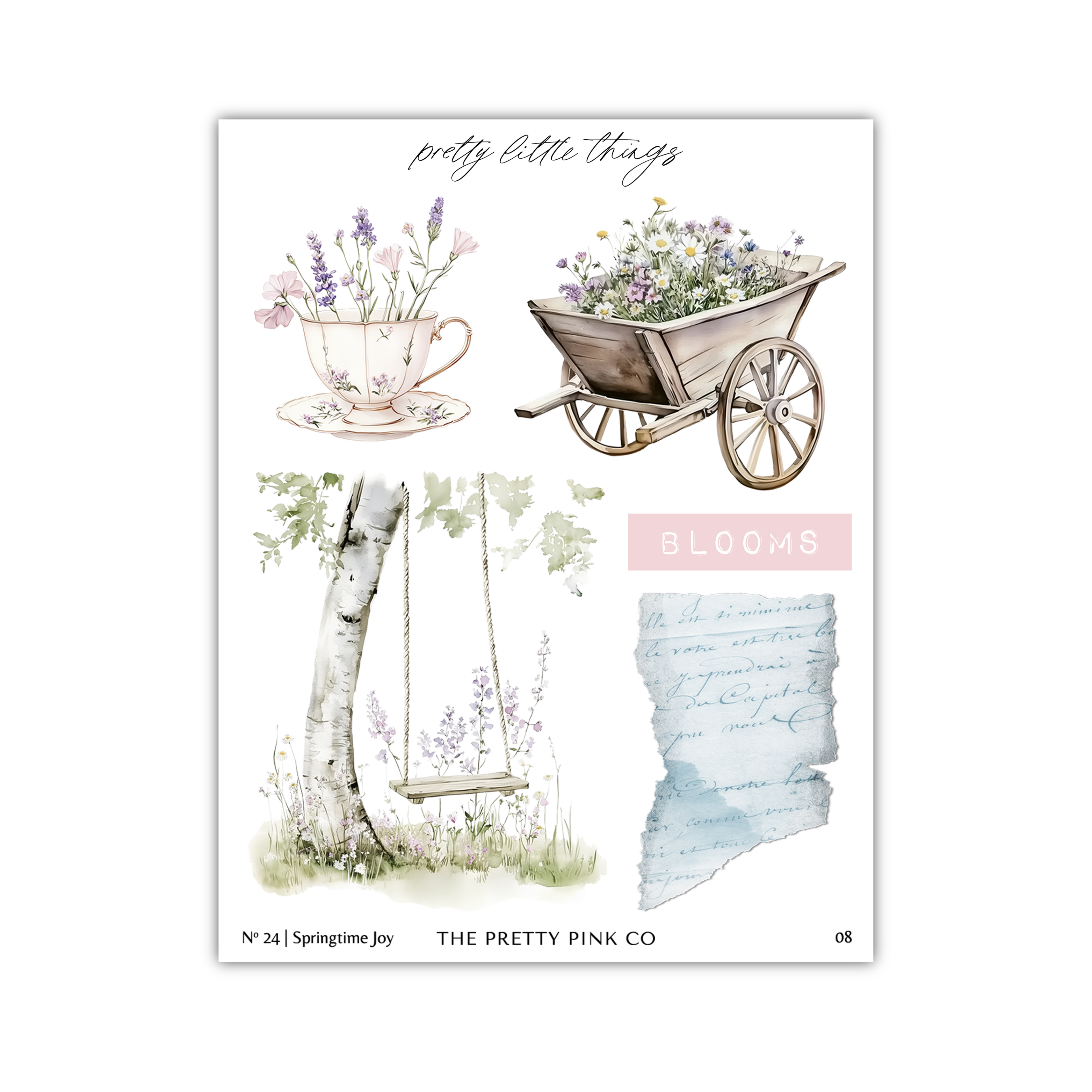 The image is a collage of four different illustrations, including a teacup with flowers, a wooden cart filled with flowers, a tree swing, and a piece of paper with handwritten text.