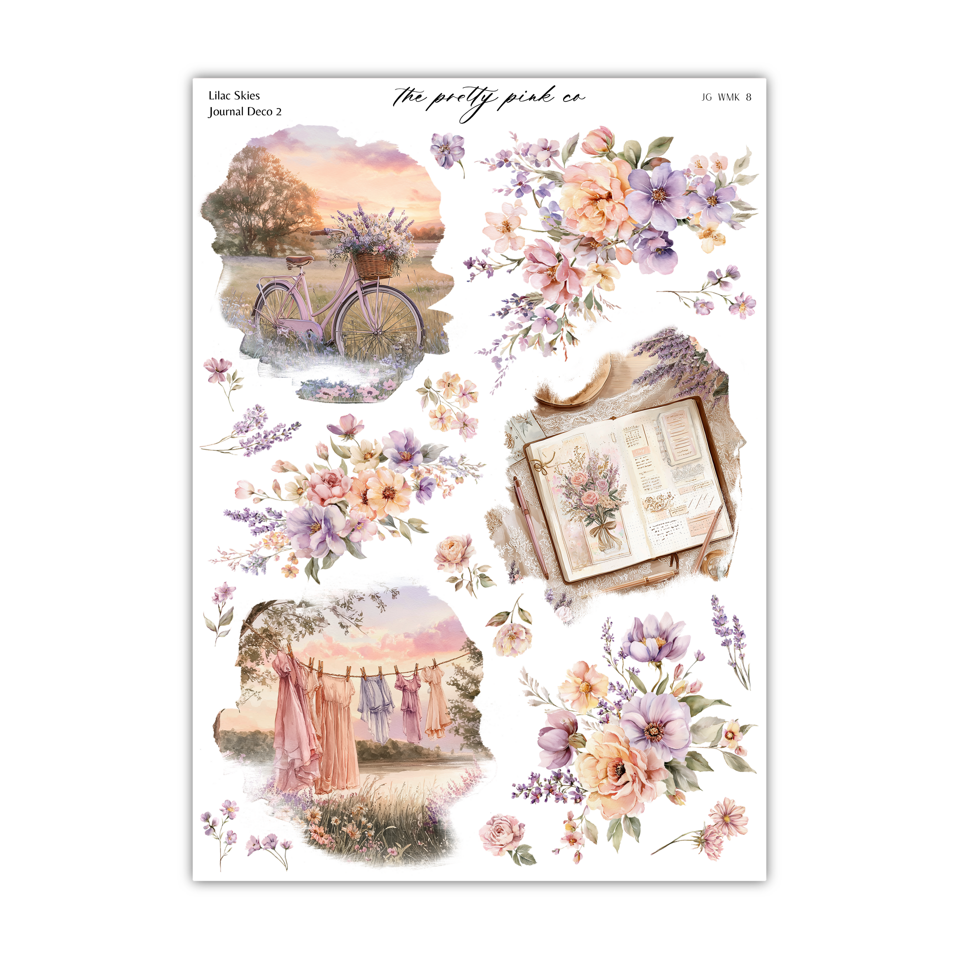 The image is a collage of various floral and pastoral scenes, including a bicycle, a book, and a clothesline with clothes hanging. The overall color palette is predominantly pastel, with shades of pink, purple, and white. The collage appears to be a decorative piece, possibly intended for use in a journal or other creative project.