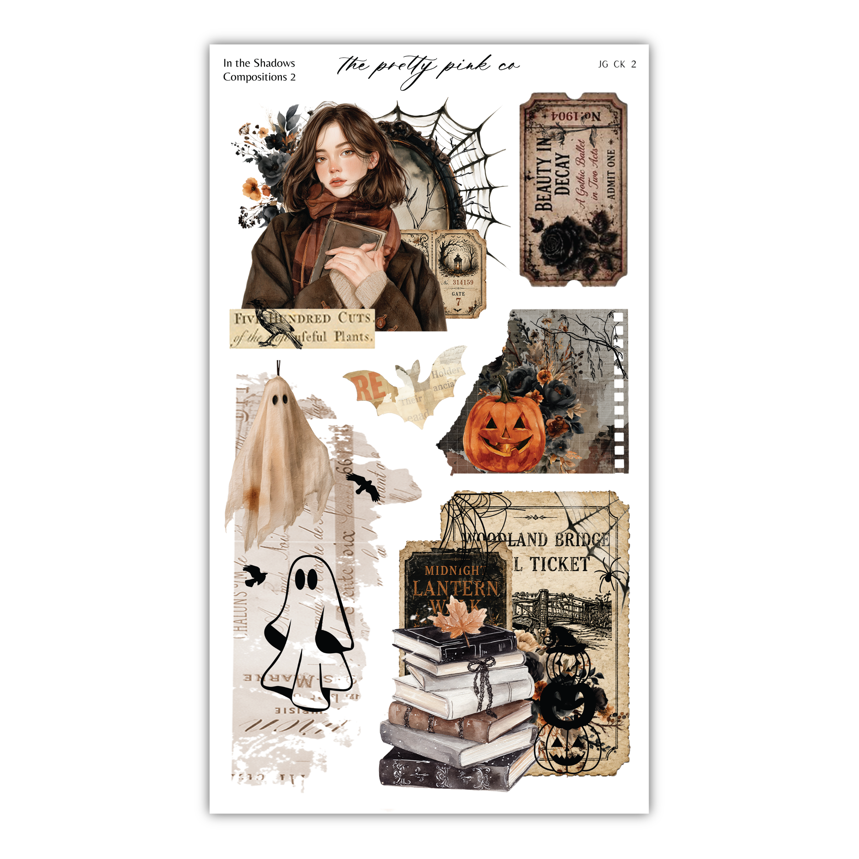The image is a collage of Halloween-themed elements, including a woman, a spider web, a jack-o-lantern, and various other Halloween-related items.