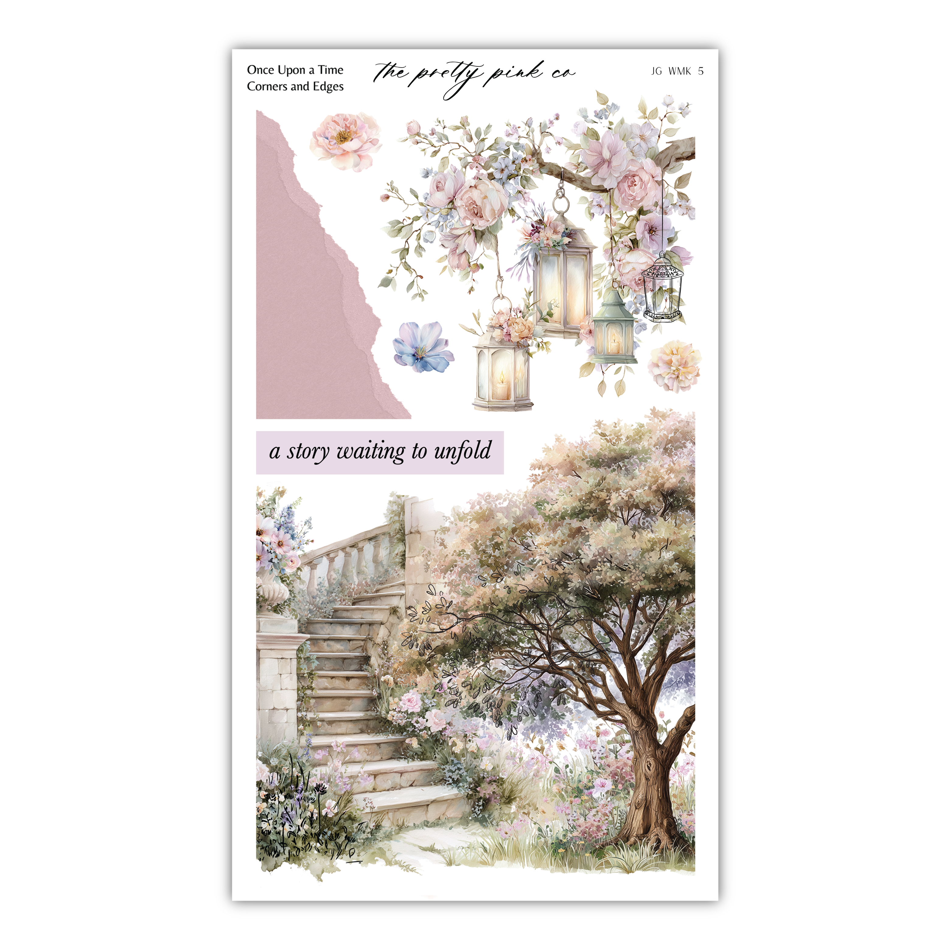 The image is a collage featuring a tree, a staircase, and lanterns, with a floral background.