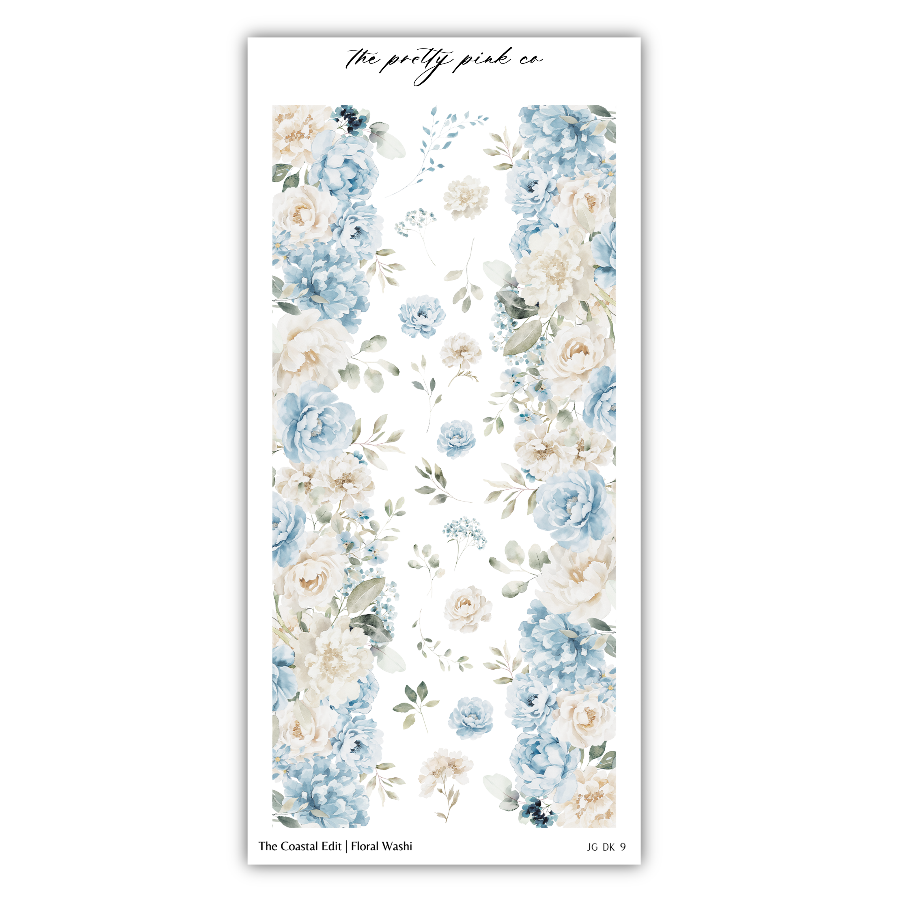 The image is a floral print with blue and white flowers arranged in a vertical pattern.