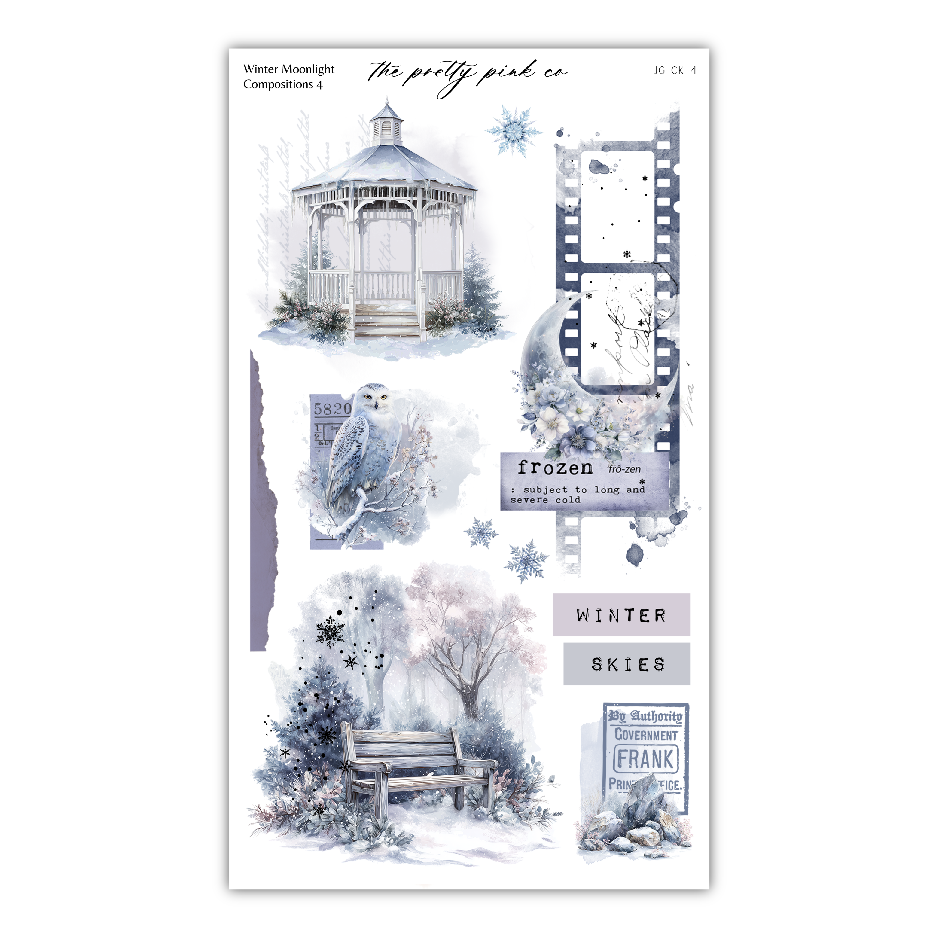 The image is a collage of various winter-themed scenes, including a gazebo, a snowy owl, a tree, and a bench. The collage is titled "The pretty pink co" and features the words "Frozen" and "Winter skies" among other text elements.