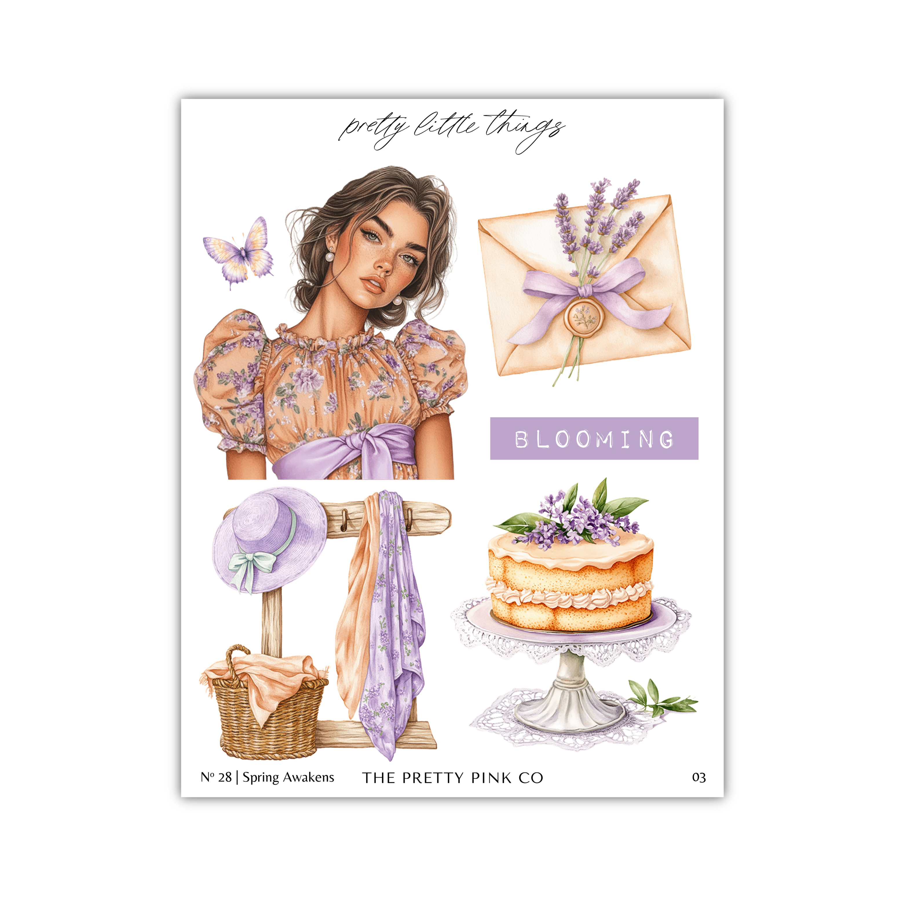 The image is a collage of various elements, including a woman, a cake, flowers, and a basket. The collage is titled " pretty little things" and features illustrations of a woman, a cake, and flowers.