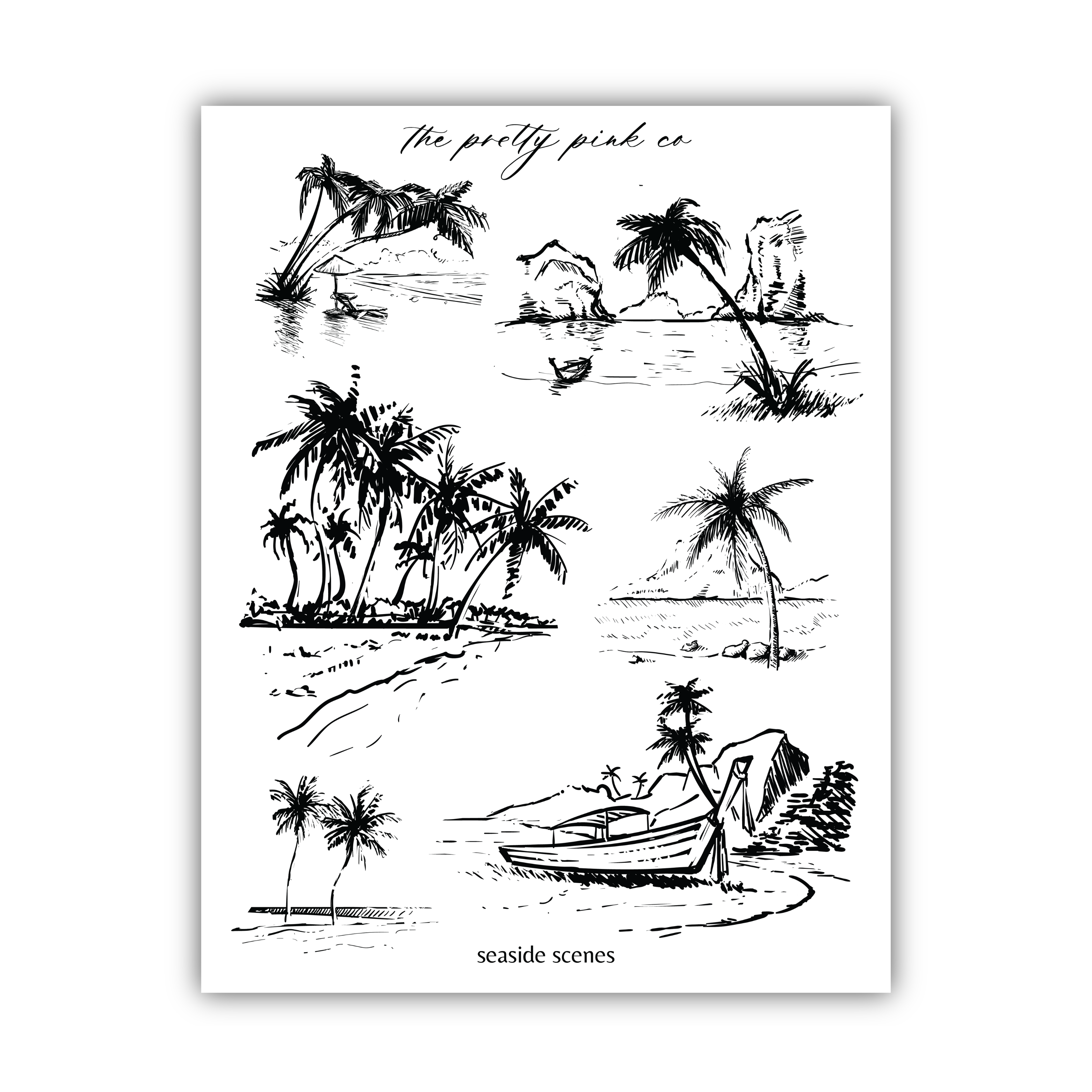 a collection of black and white sketches depicting various tropical beach and island scenes, including palm trees, boats, and other coastal elements.