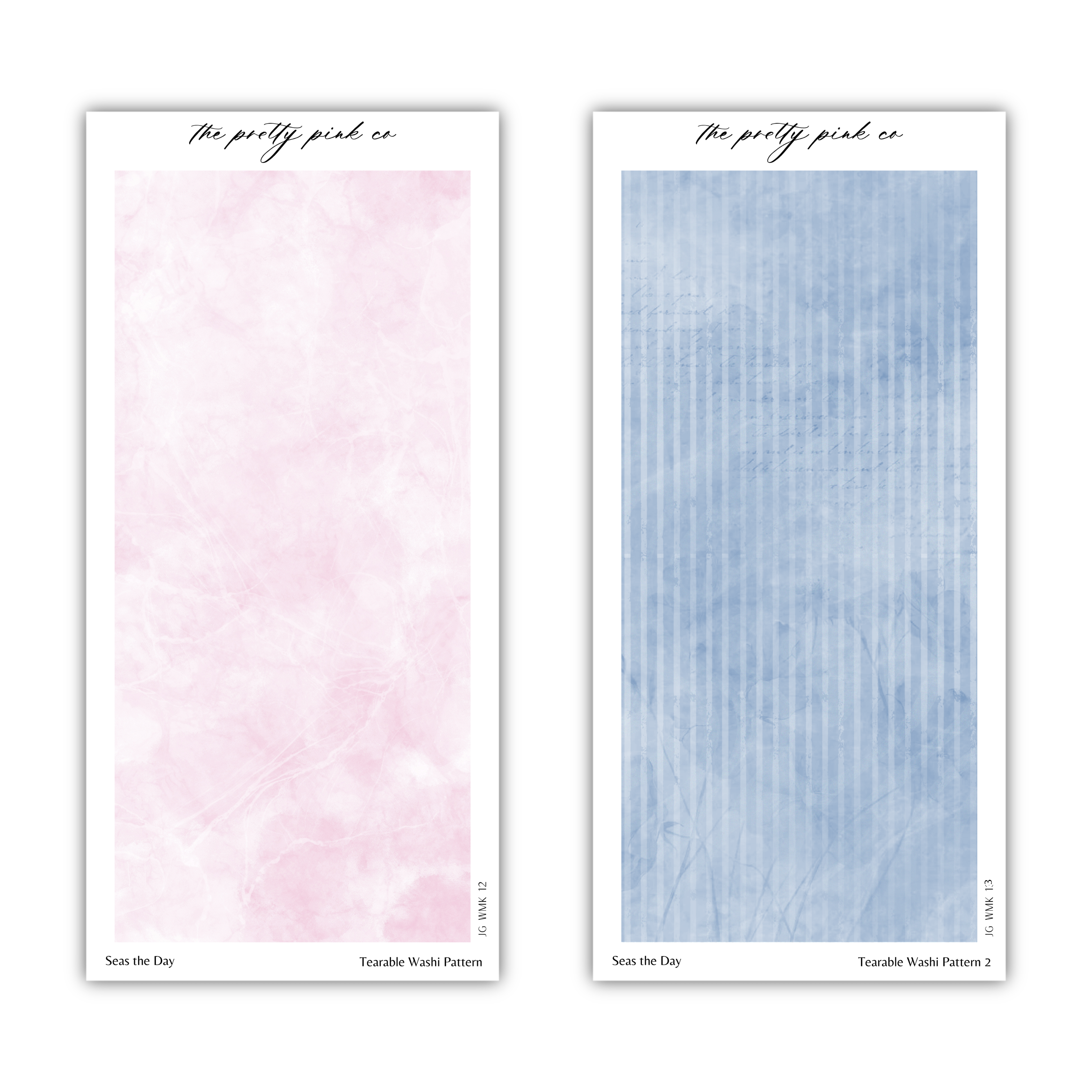 two different wash patterns, one in a pink color and the other in a blue color. The pink wash pattern is titled "Seas the Day" and the blue wash pattern is titled "Seas the Day".