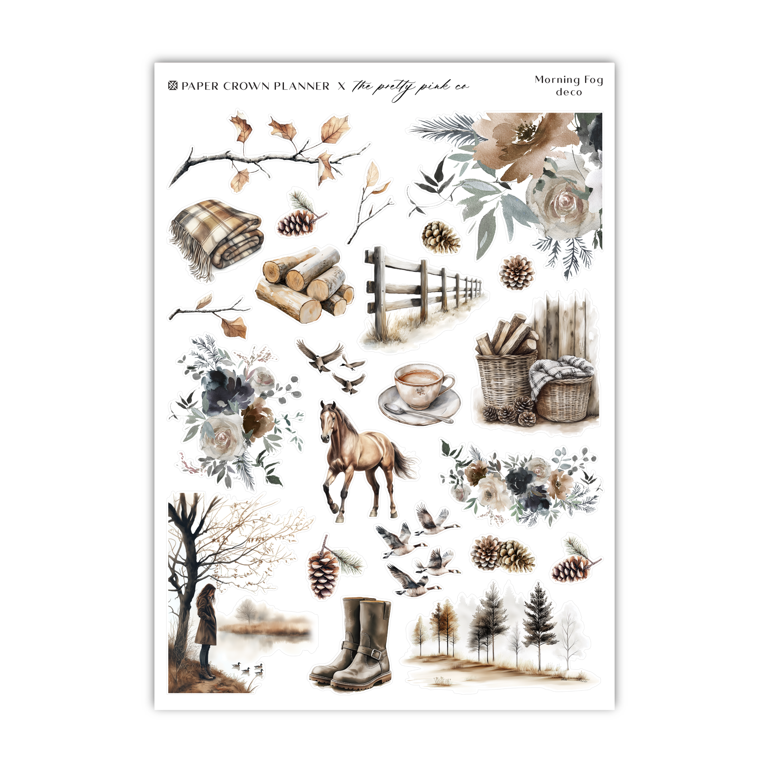 a sheet of stickers with a horse and trees