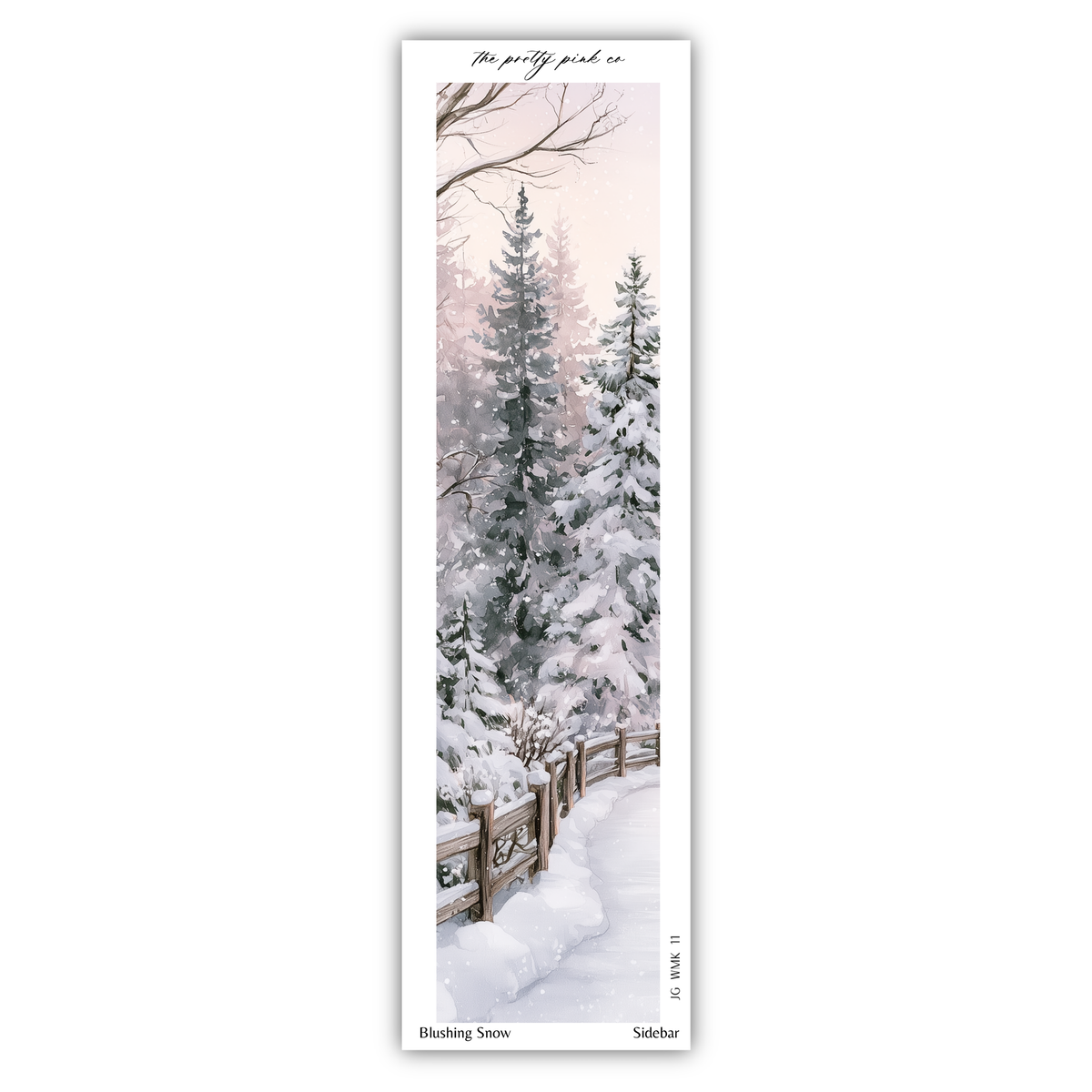 A snowy forest scene with tall trees covered in snow, a wooden fence, and a path leading through the landscape.