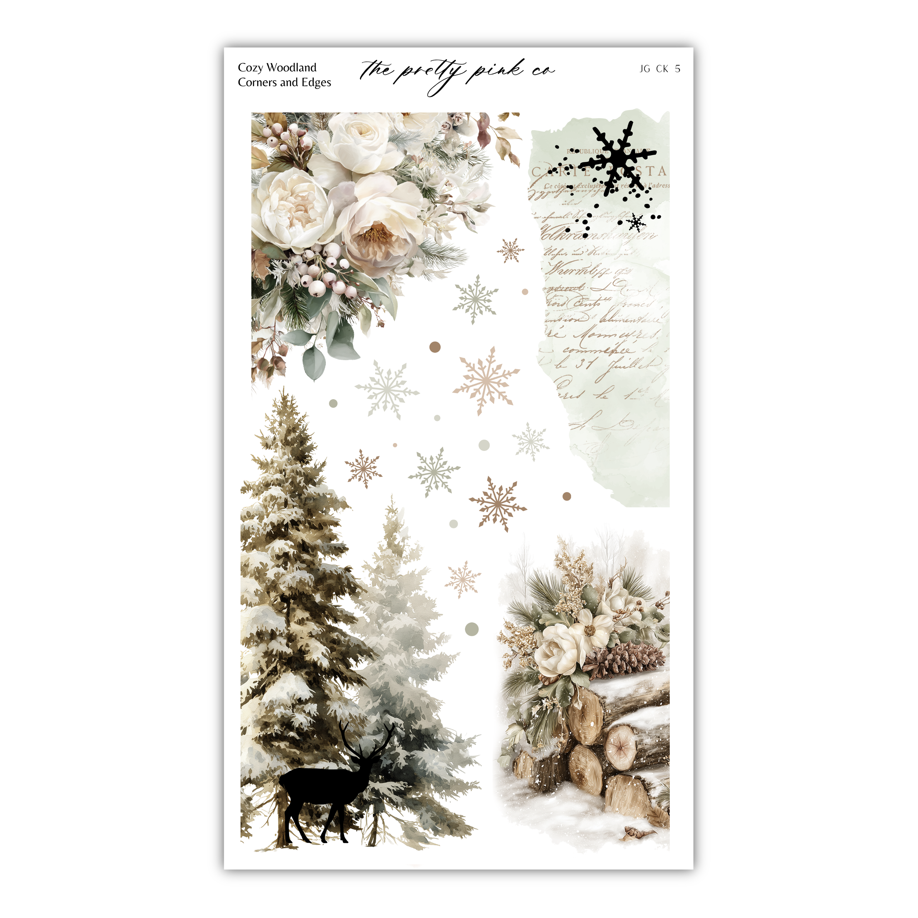 The image is a collage of various winter-themed elements, including snowflakes, pine trees, flowers, and a deer.