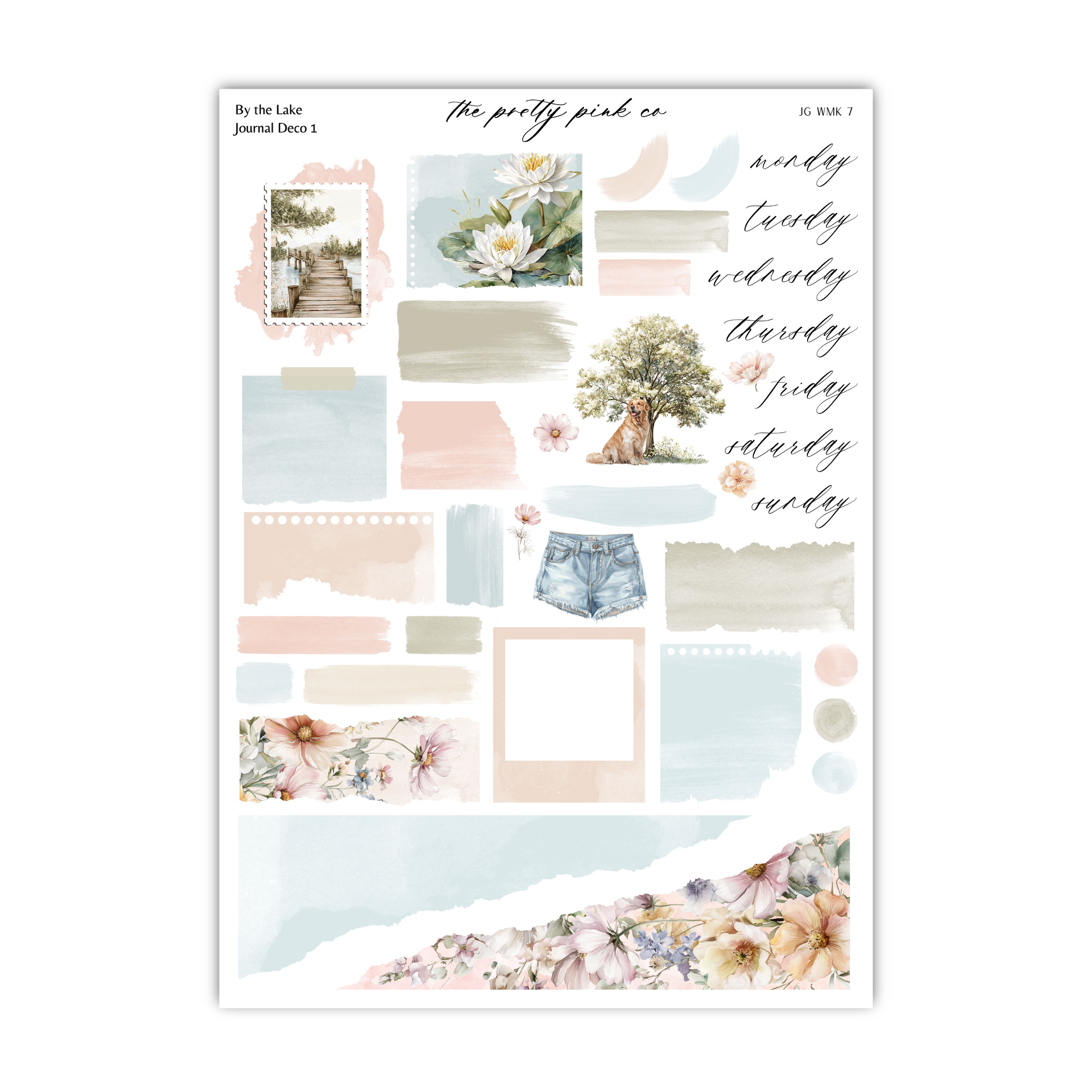 The image is a collage of various elements, including a tree, flowers, and a pair of denim shorts, arranged in a visually appealing manner.