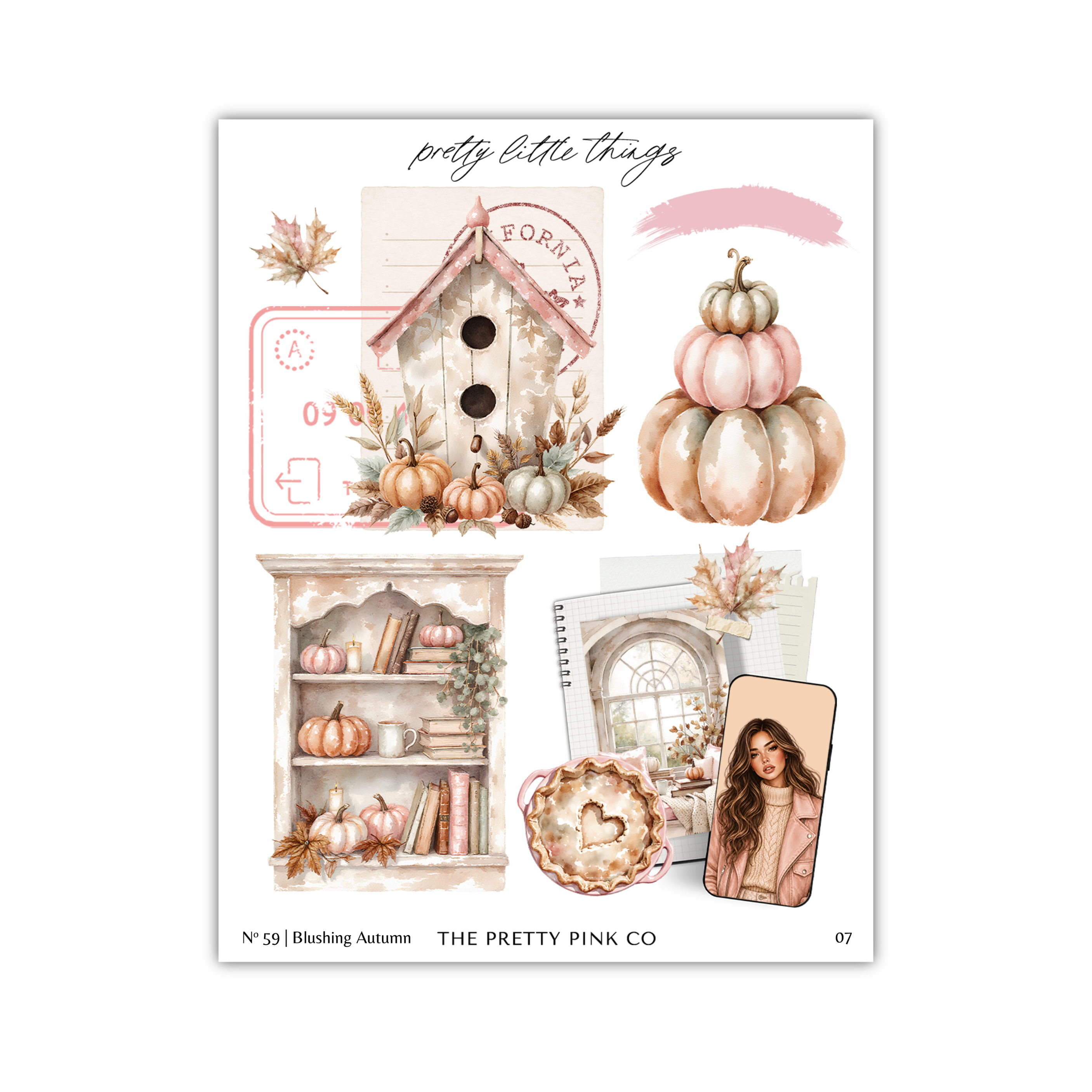 The image is a collage of various autumn-themed elements, including pumpkins, a birdhouse, books, and a woman.