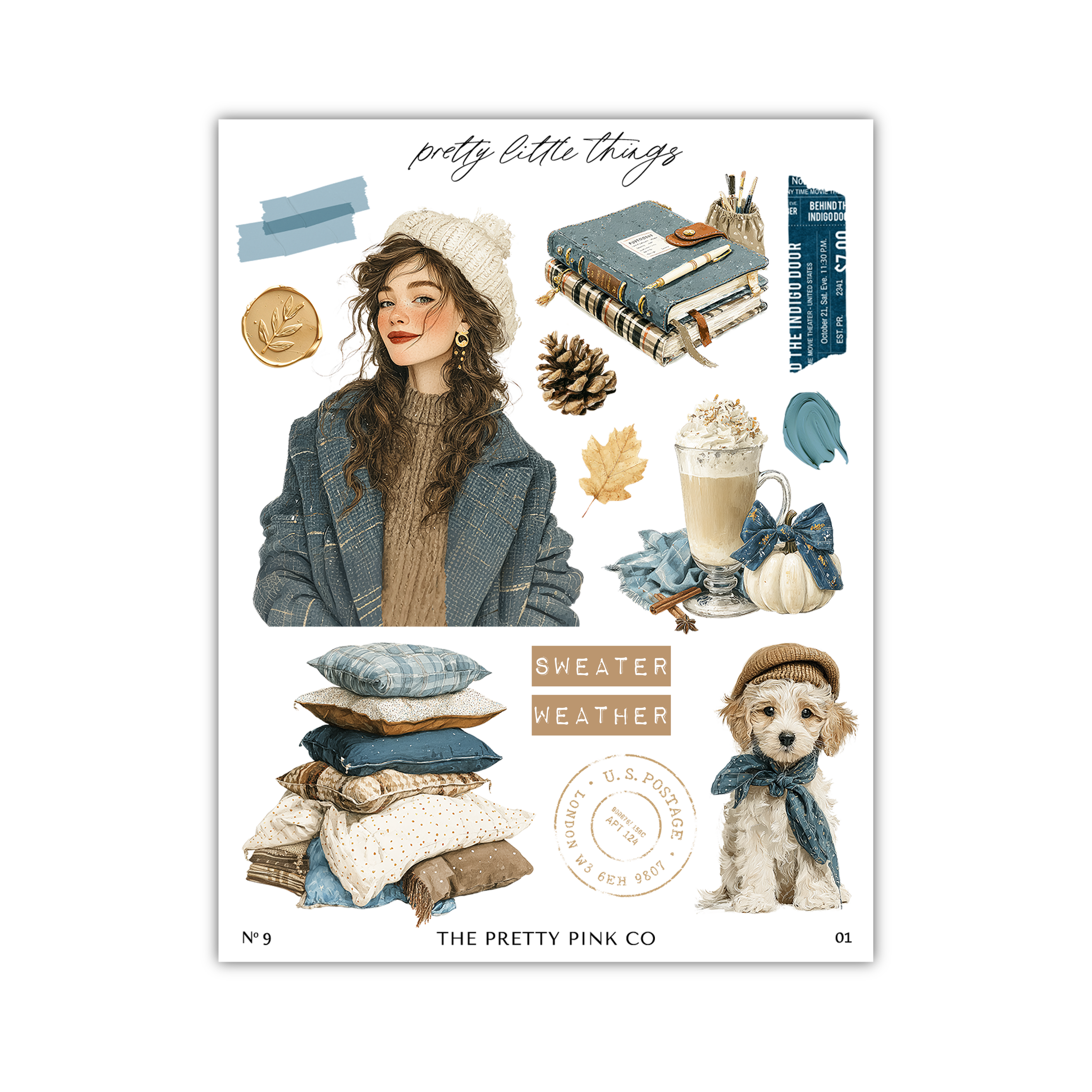 The image is a collage of various autumn-themed items, including a woman in a winter coat, a stack of pillows, a cup of hot chocolate, a pine cone, a book, a dog, and a pumpkin.