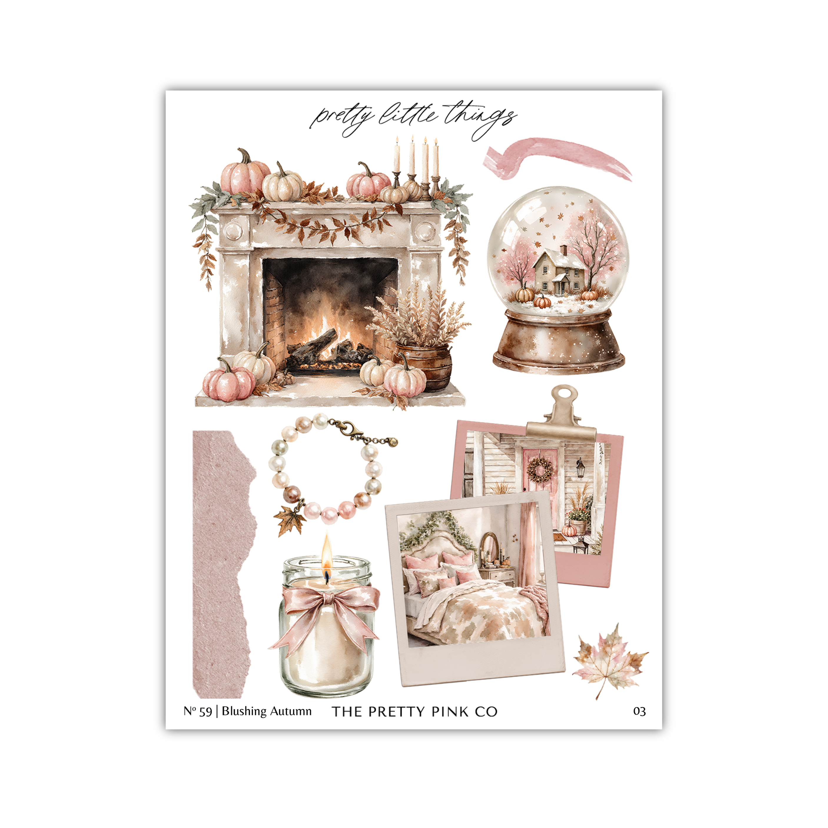 The image is a collage of various fall-themed items, including a fireplace, a snow globe, pumpkins, candles, and a bed.
