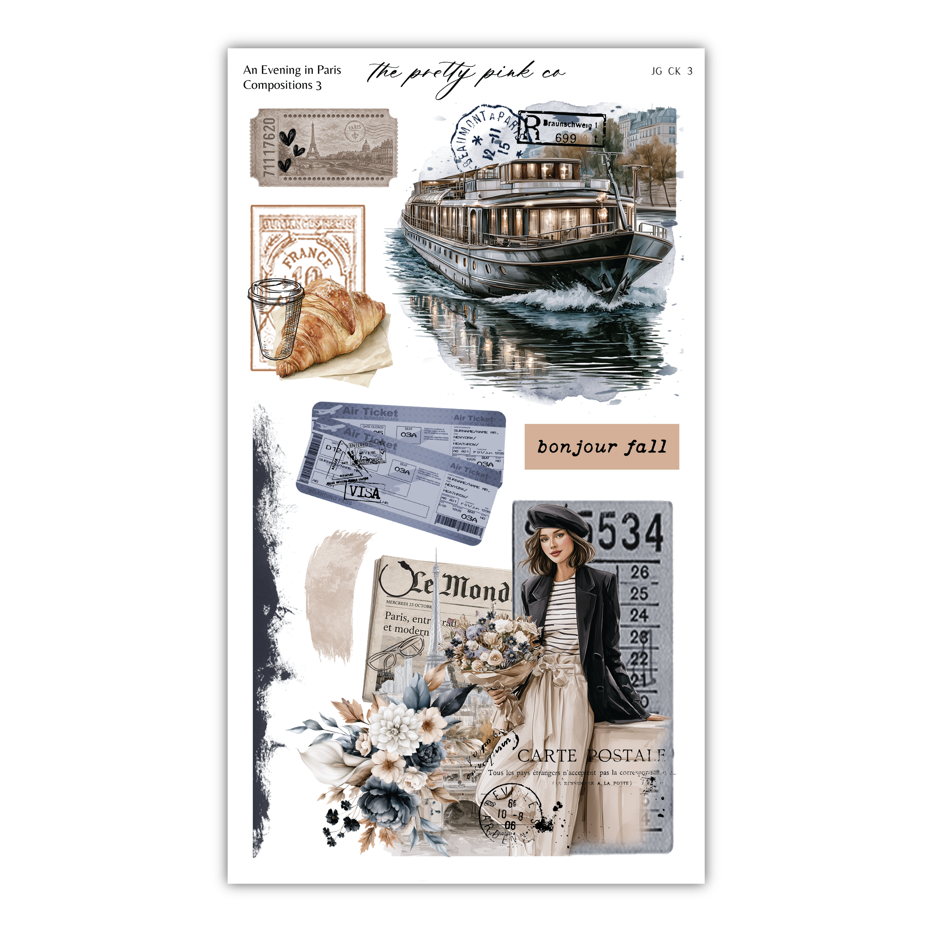 The image is a collage of various elements, including a boat, a woman, a ticket, flowers, and text. The collage appears to be a collection of different images and text elements, rather than a single, continuous scene.