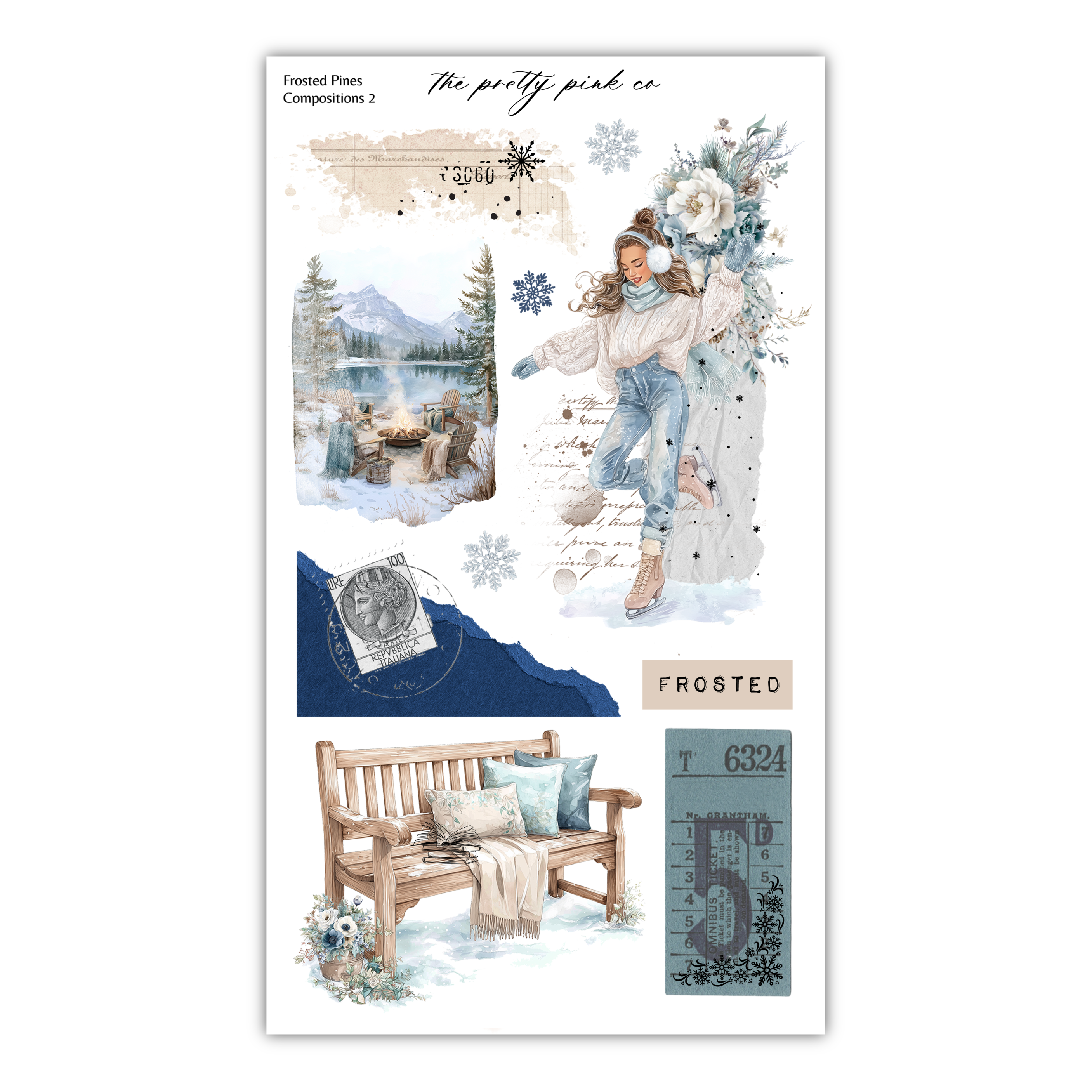 The image is a collage of various winter-themed elements, including a woman in a white sweater, a snowy landscape, a wooden bench, and a snowflake. The collage also includes a "FROSTED" label and a "T 6294" label, as well as a "FROSTED" label with a snowflake and a "T 6294" label with a snowflake.