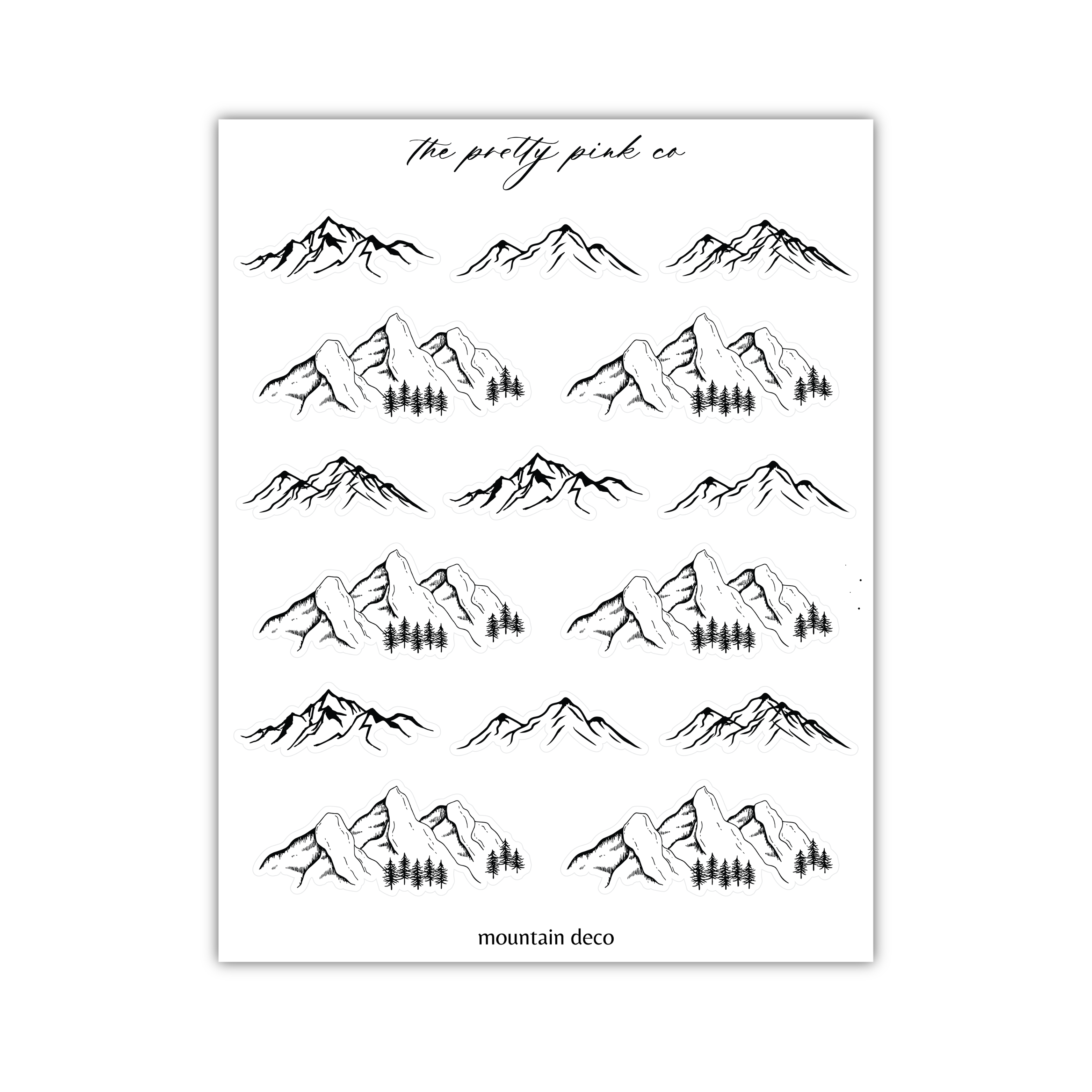 a black and white drawing of mountains and trees