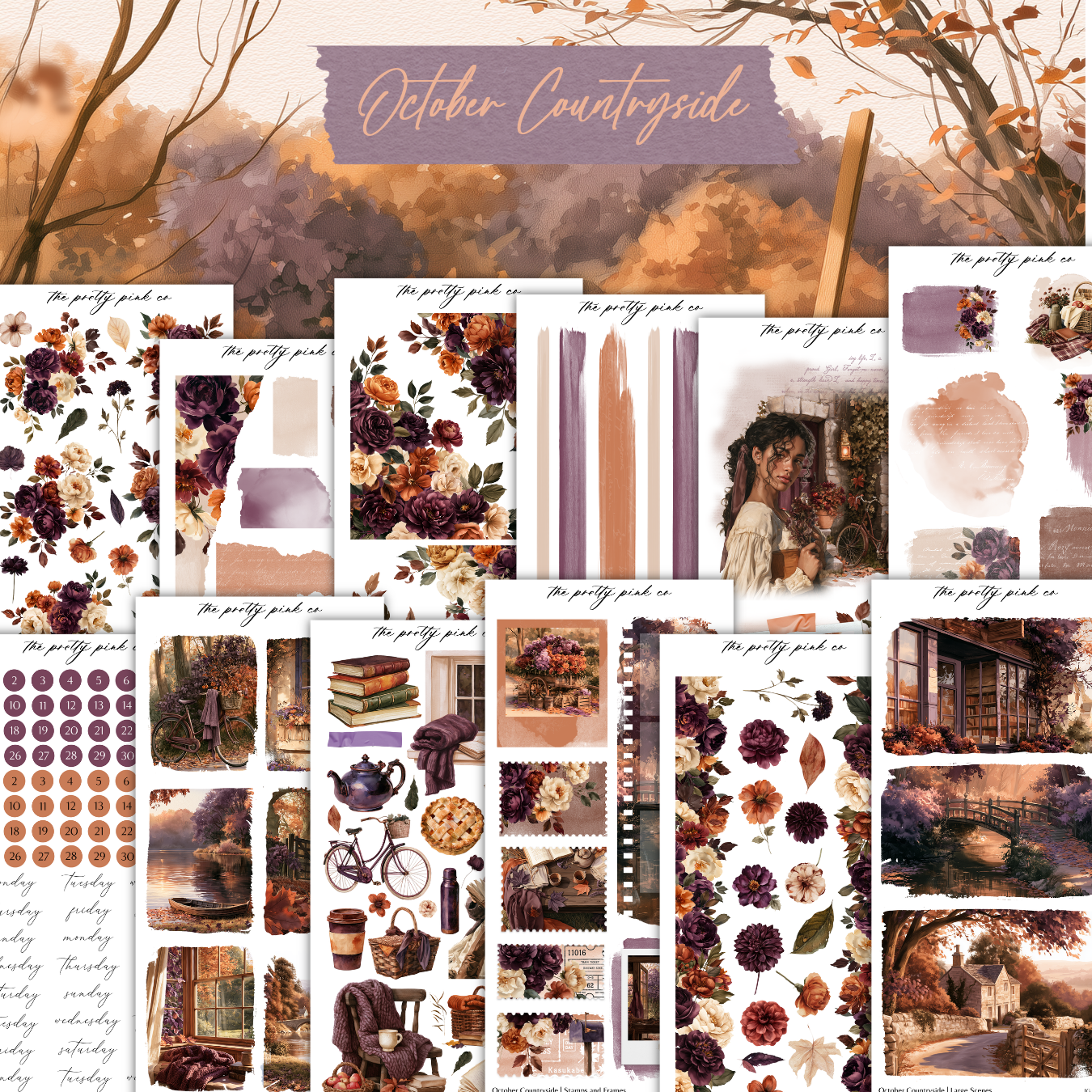 The image is a collage of various autumn-themed elements, including flowers, leaves, bicycles, books, and other seasonal objects. The collage is titled "October Countryside" and includes a variety of autumn-themed stickers and illustrations.