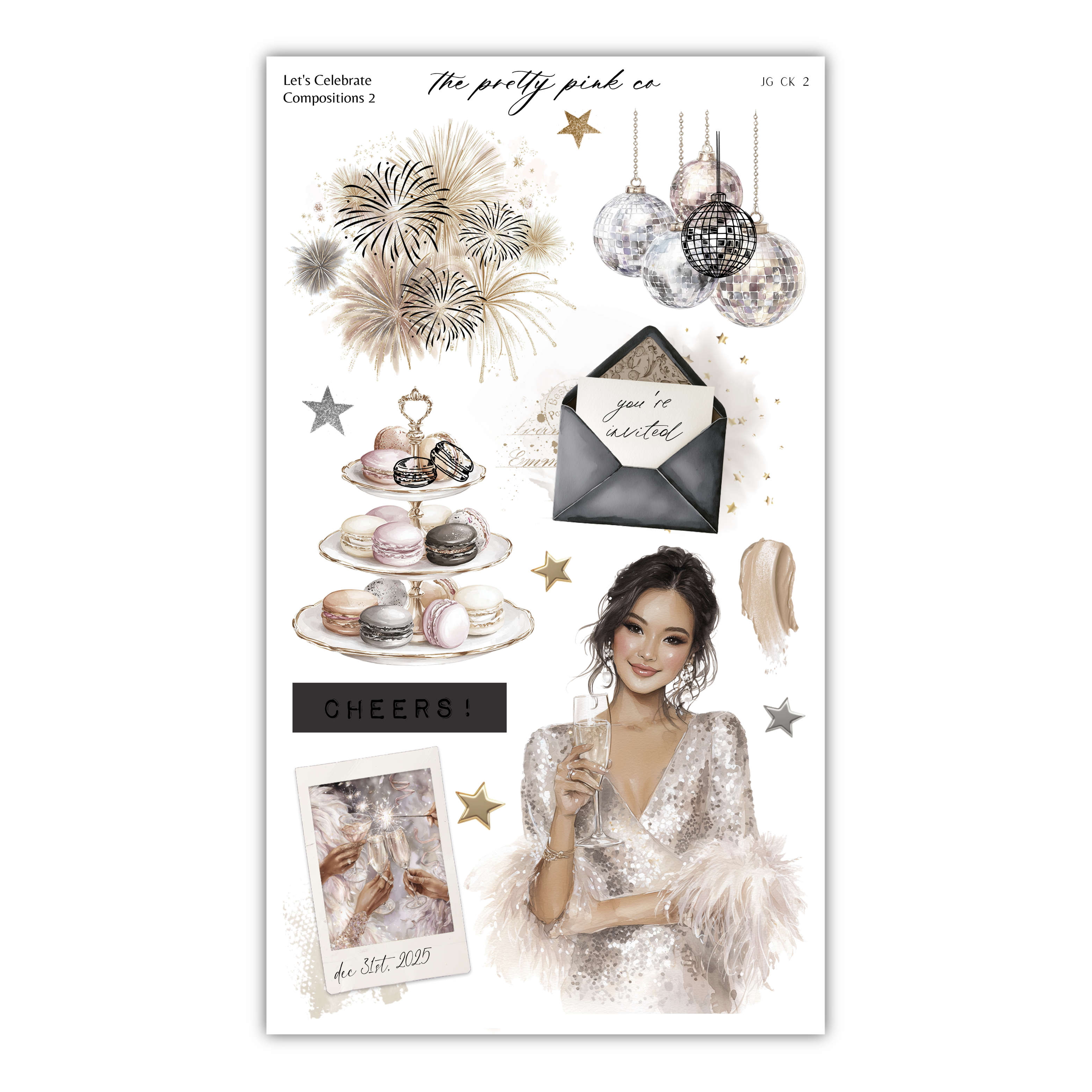 The image is a collage of various elements related to a celebration, including fireworks, disco balls, a woman in a sequined dress, and a champagne glass.