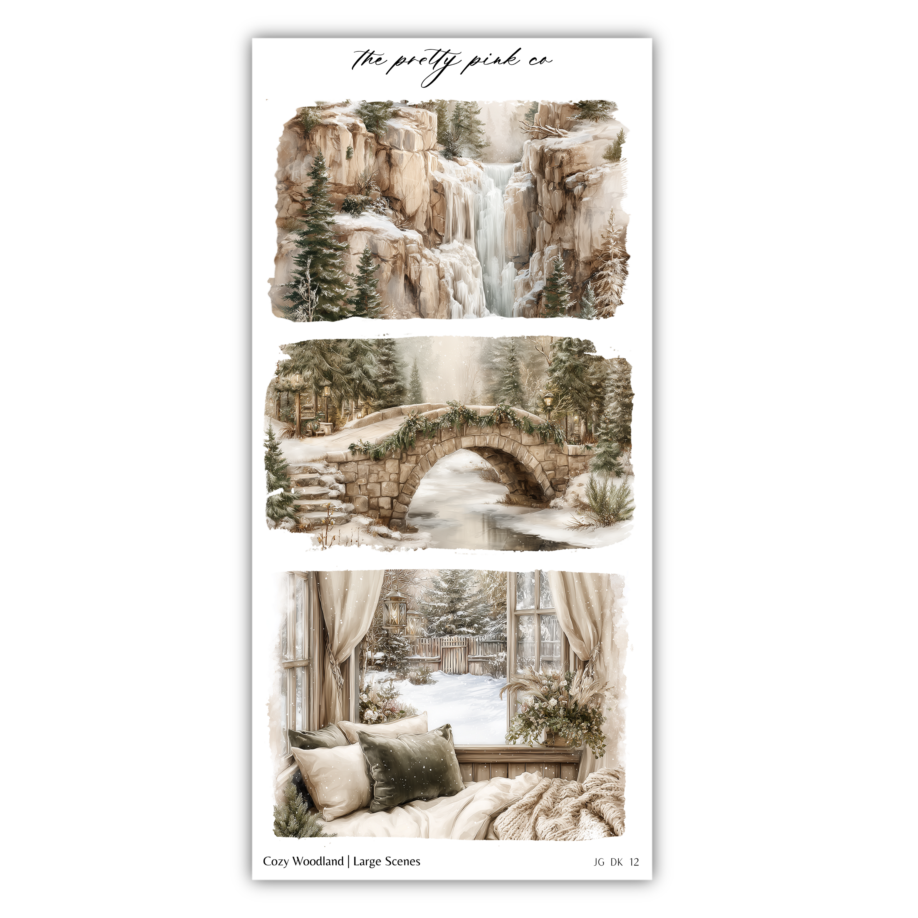 The image is a collage of three pictures depicting various scenes, including a waterfall, a stone bridge, and a cozy indoor setting with a window and a fireplace.