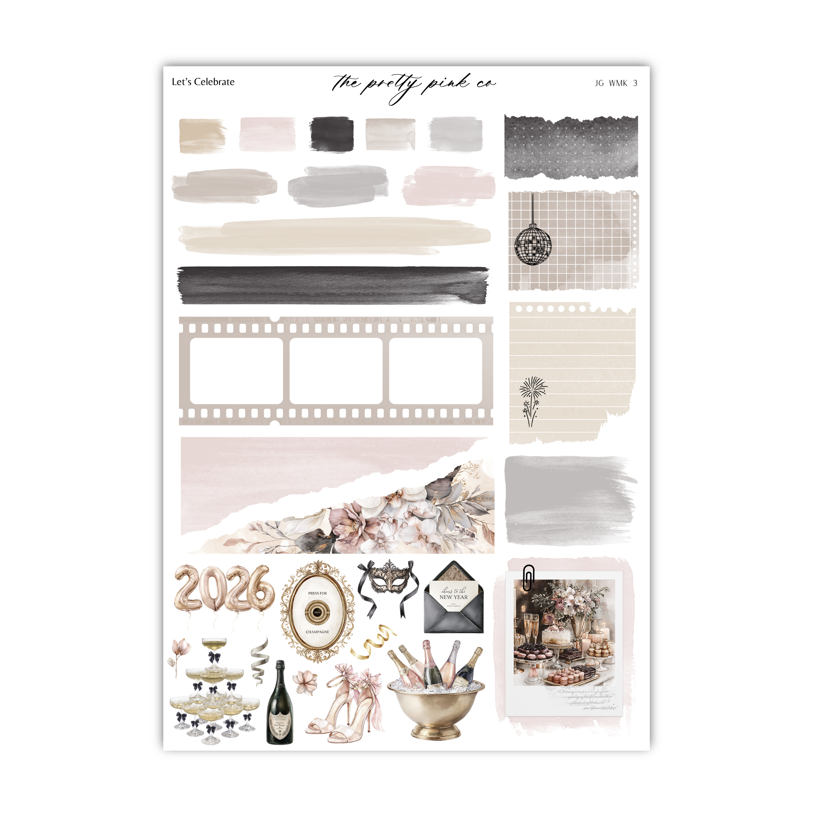 various decorative elements and objects, including a film strip, a champagne bottle, a bowl, and other festive items, all arranged in a collage-like manner.