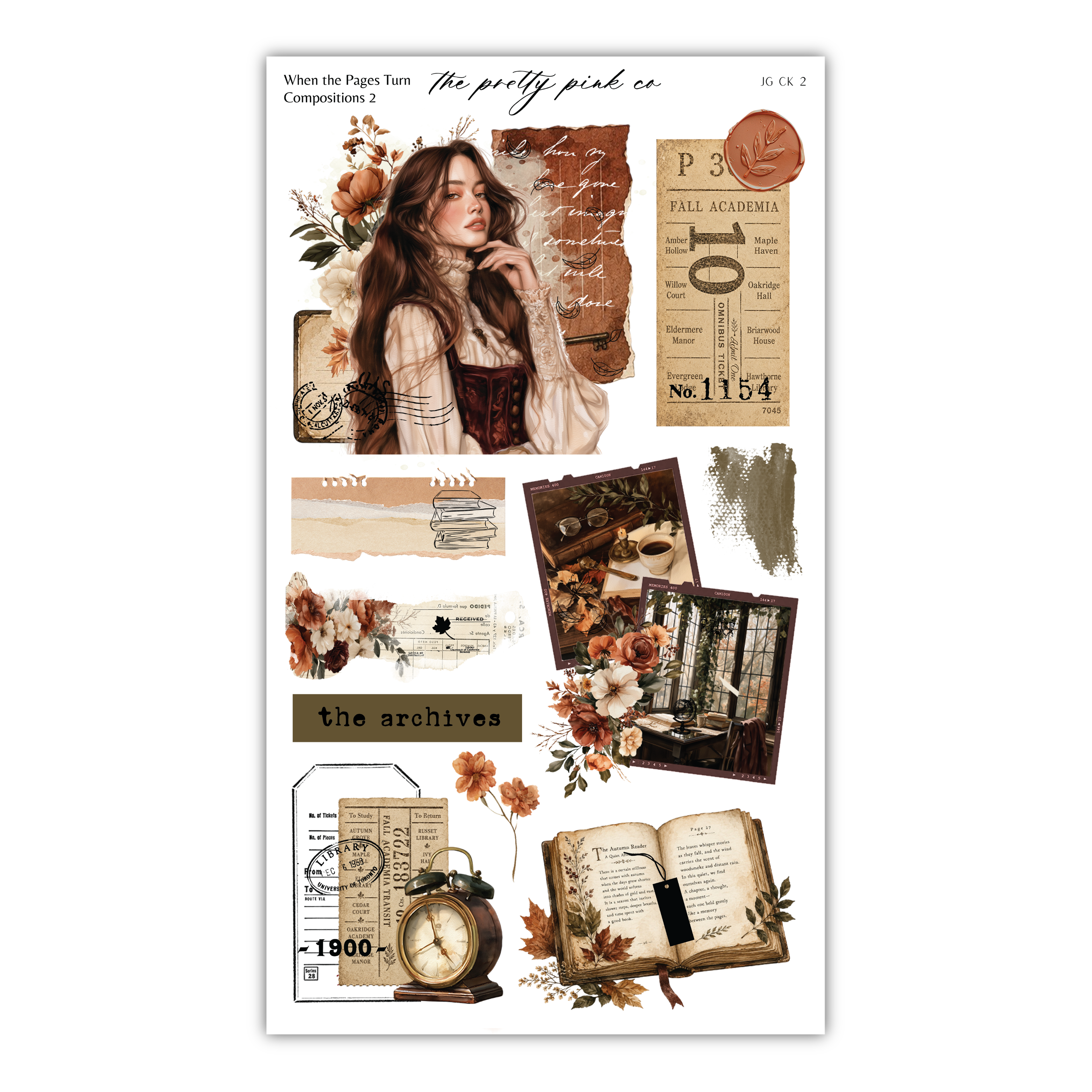 The image is a collage of various vintage-style elements, including a woman, a clock, a book, and other decorative items. The collage appears to be a creative and artistic representation of a vintage aesthetic, with a focus on the use of floral and ornamental elements.