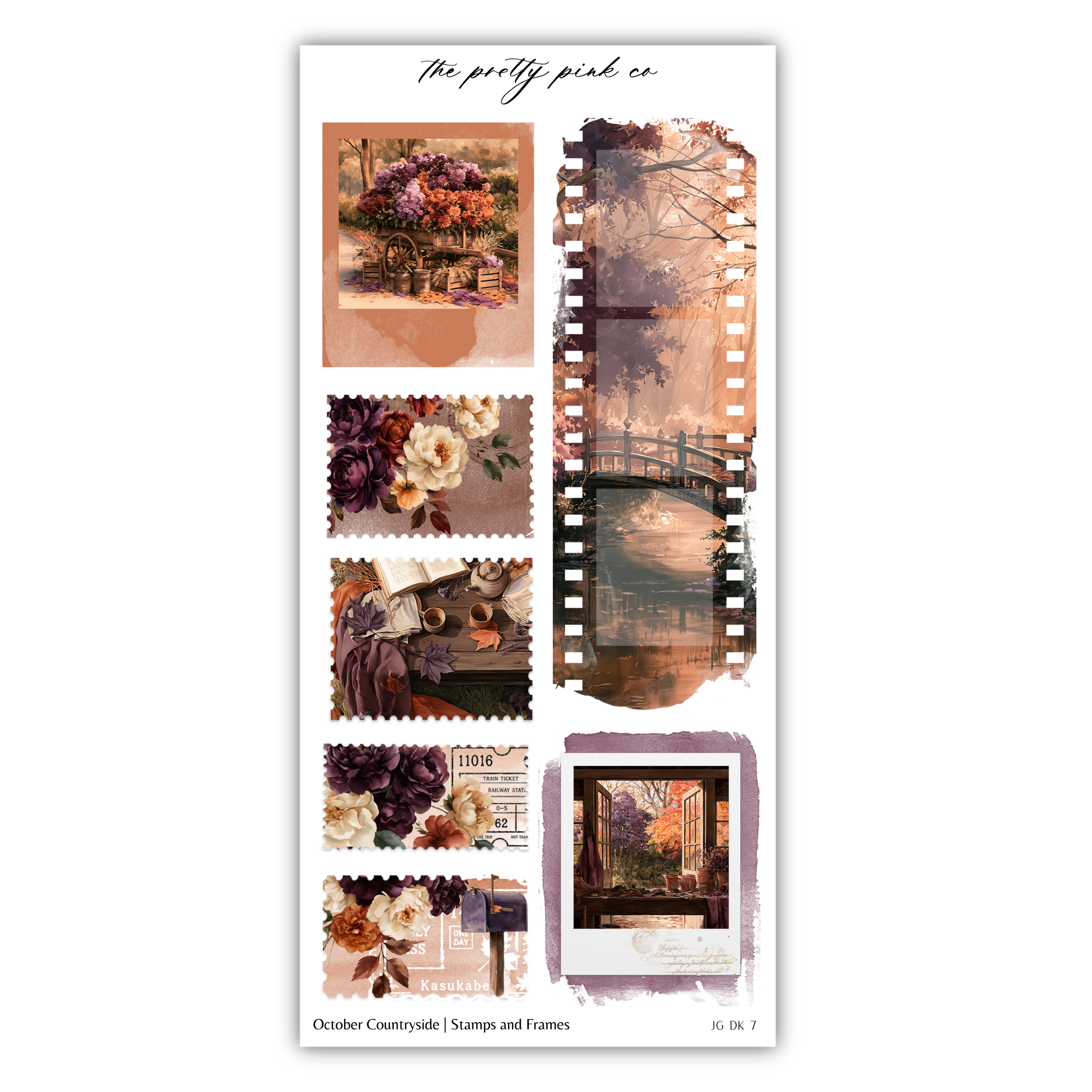 The image is a collage of various artistic and floral-themed images, including a painting of flowers, a bridge, and a postcard.