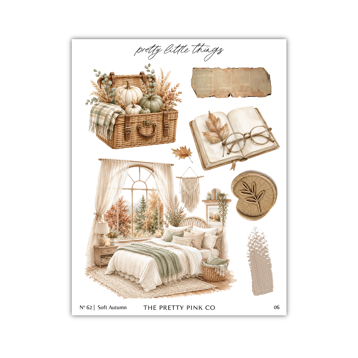 The image is a collage of various autumn-themed items, including a basket of pumpkins, a book, a pair of glasses, a window, a bed, and a plant.