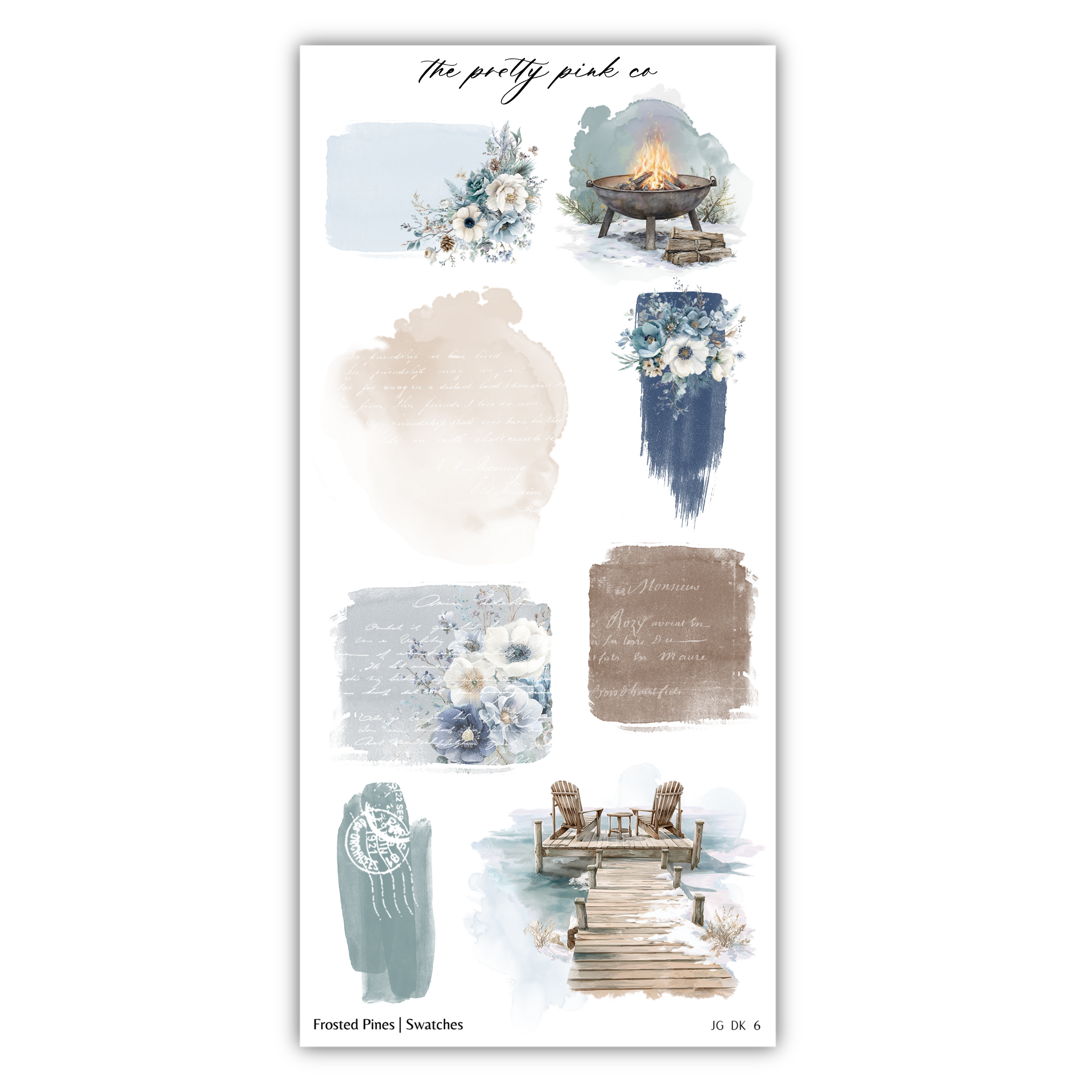 various artistic elements, including a fire pit, flowers, a bridge, and a cabin, all rendered in a watercolor style.