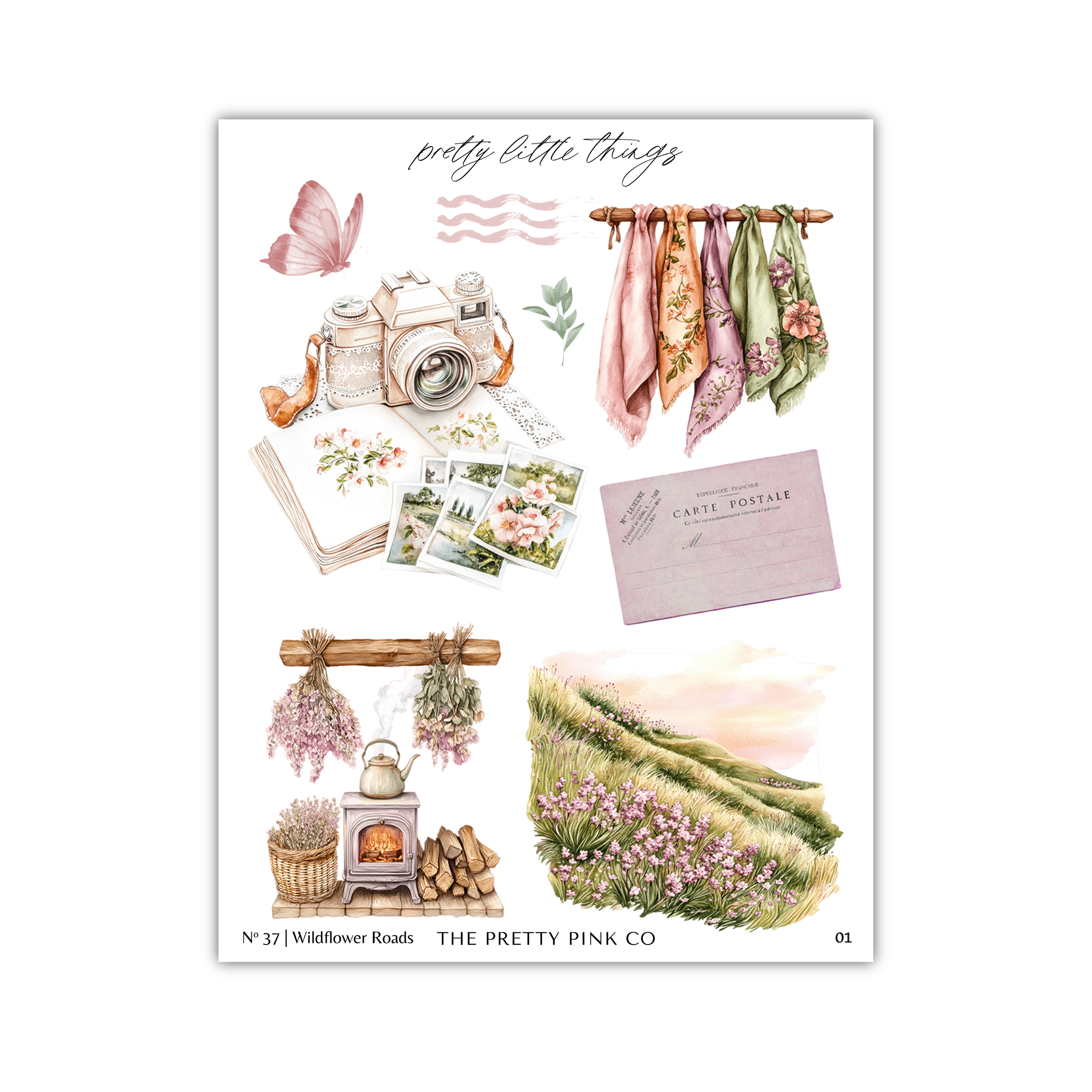 The image is a collage of various objects and scenes, including a camera, flowers, a postcard, a basket, a stove, and a hillside.