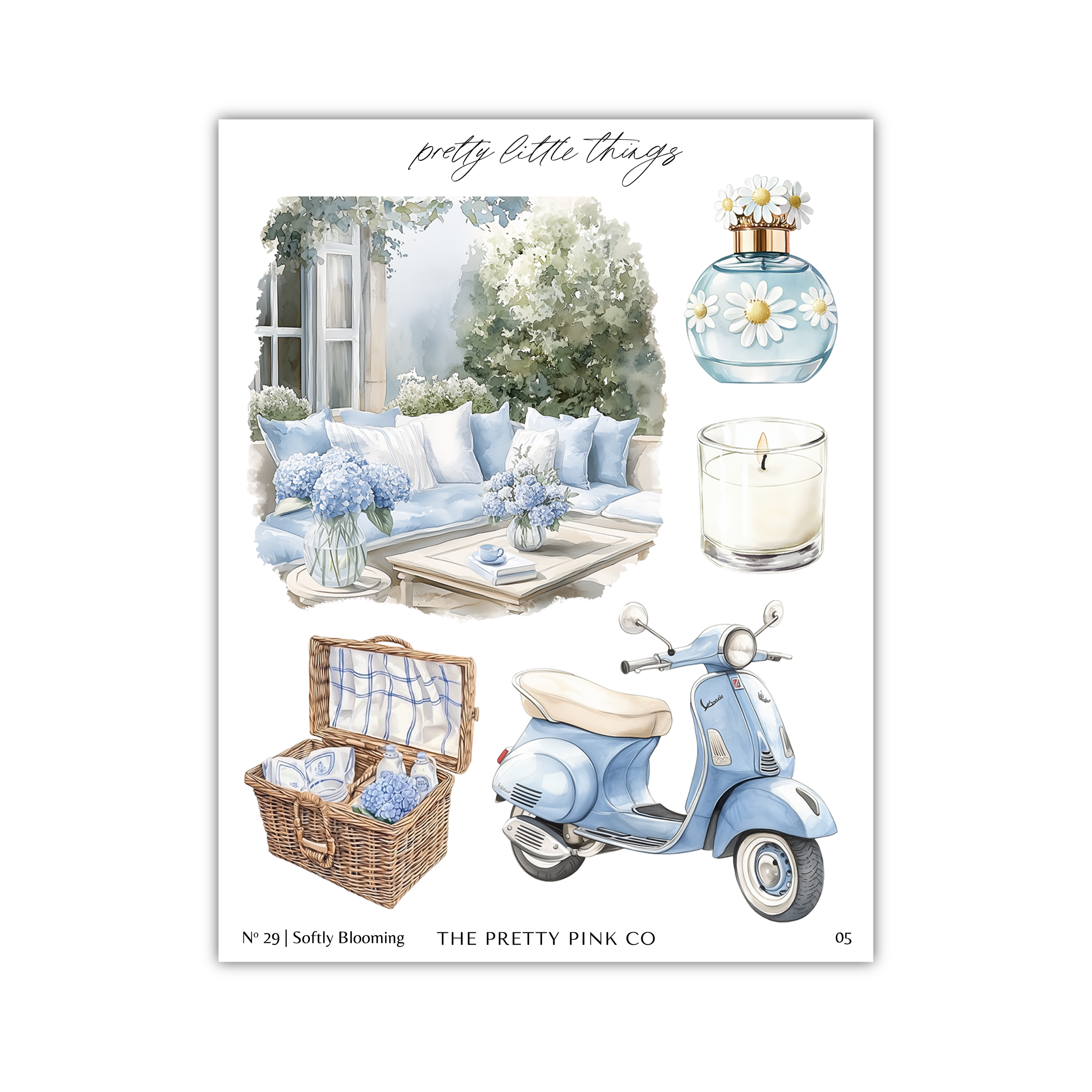 The image is a collage of various objects, including a vase with flowers, a candle, a basket, a motorcycle, and a couch.