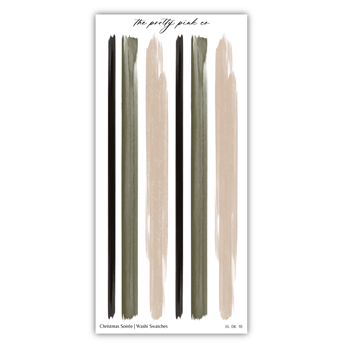 The image is a collage of six vertical brushstrokes in various colors, including black, beige, and green, arranged in a grid-like pattern.