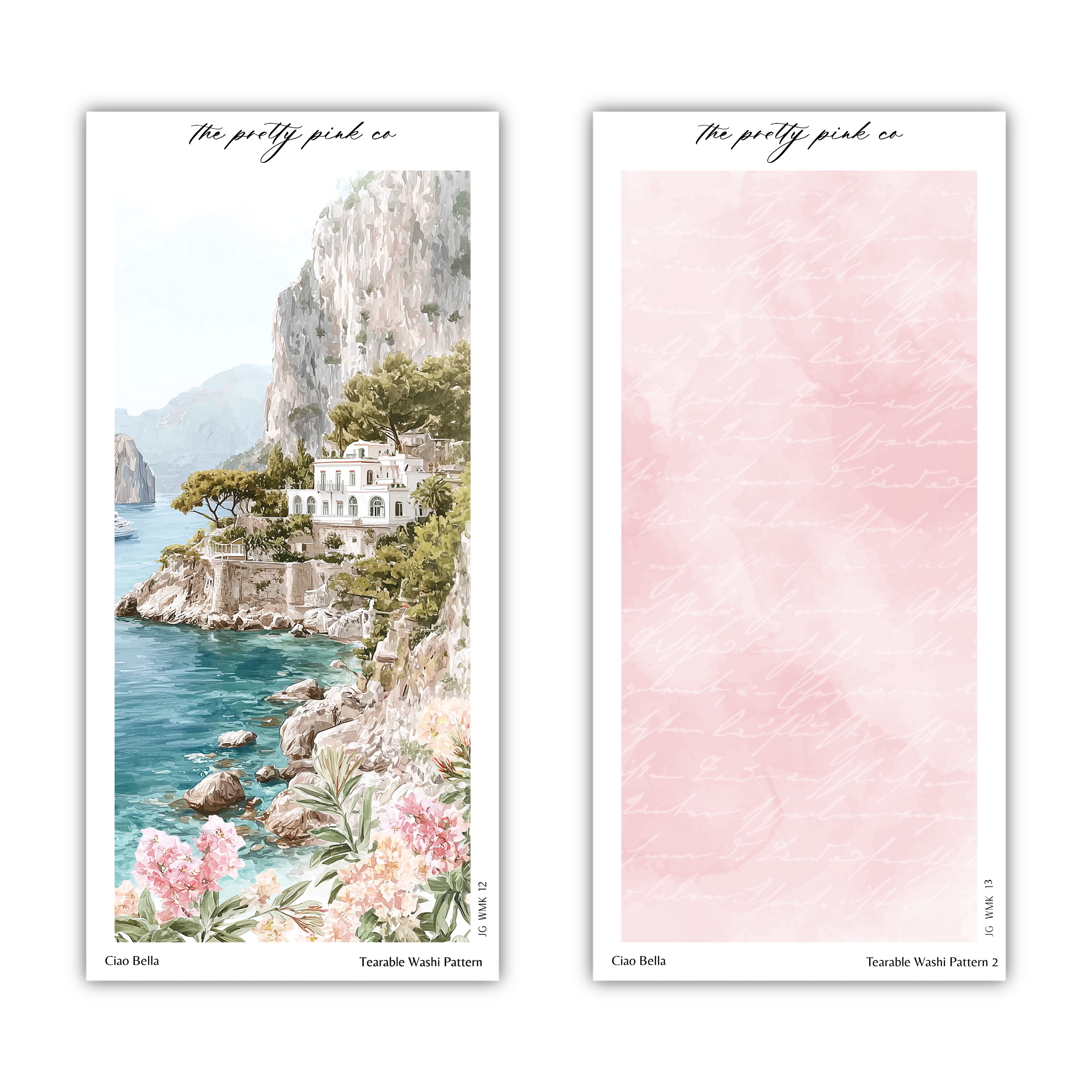 The image is a collage of two pictures. The left picture depicts a white building on a cliff overlooking the ocean, surrounded by pink flowers. The right picture is a pink watercolor background with a textured pattern.
