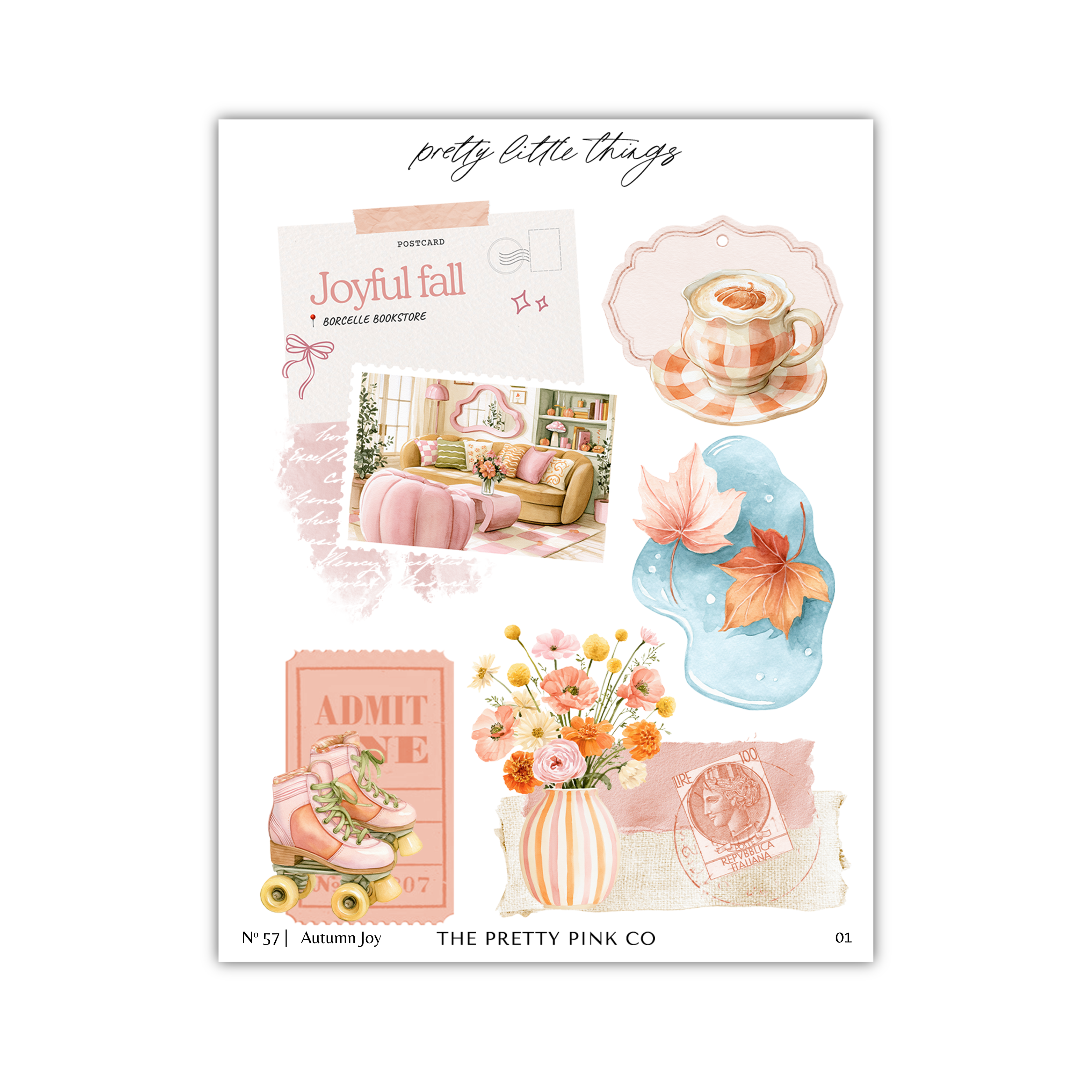 The image is a collage of various colorful and whimsical elements, including a teacup, flowers, a vase, a pair of rollerblades, and a postcard. The collage appears to be a collection of small, visually appealing images that together create a harmonious and charming composition.