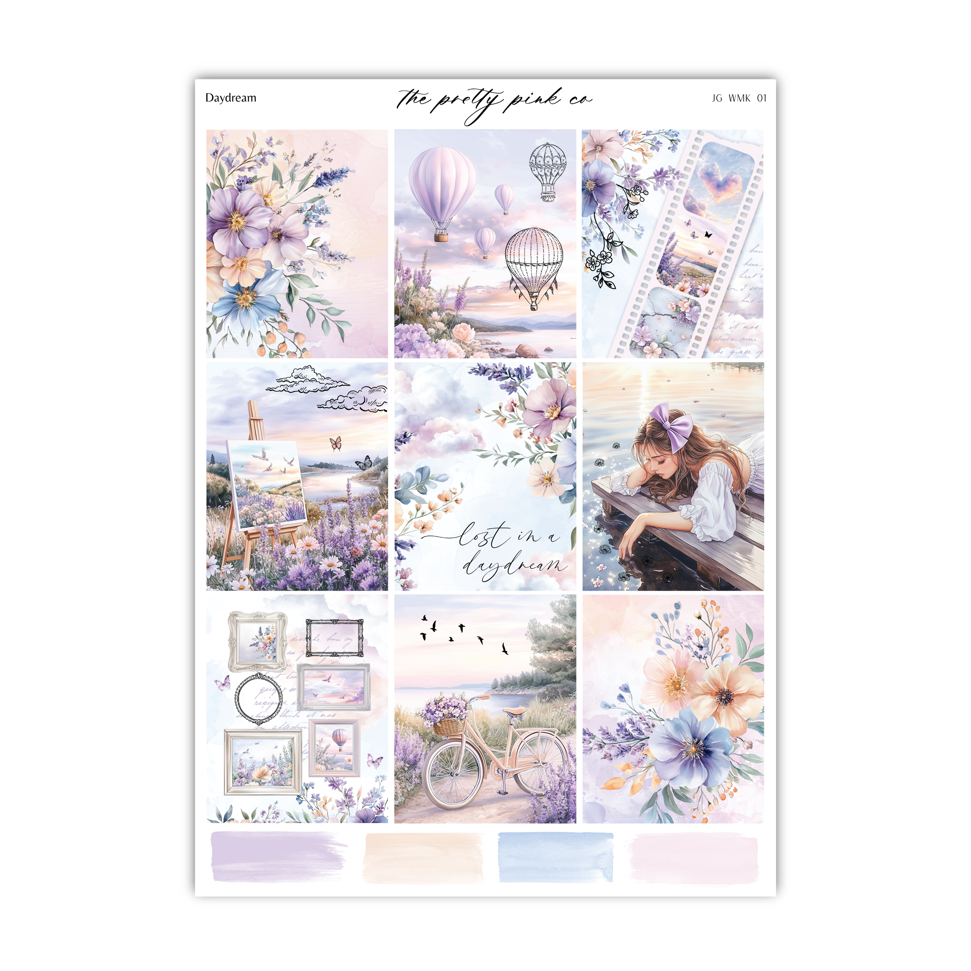 a sticker sheet with a picture of a girl and flowers