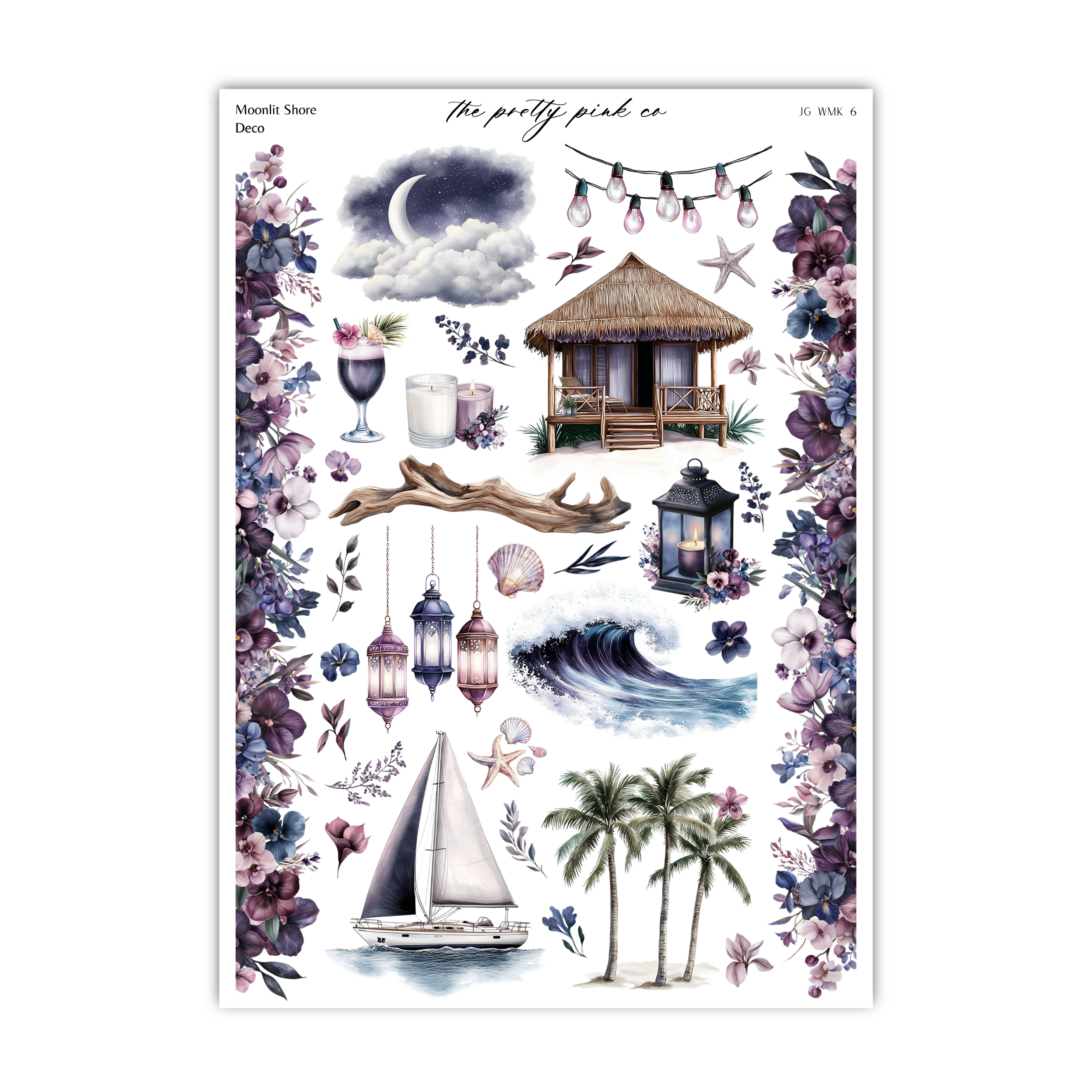 a sheet of stickers with a picture of a hut and a sailboat