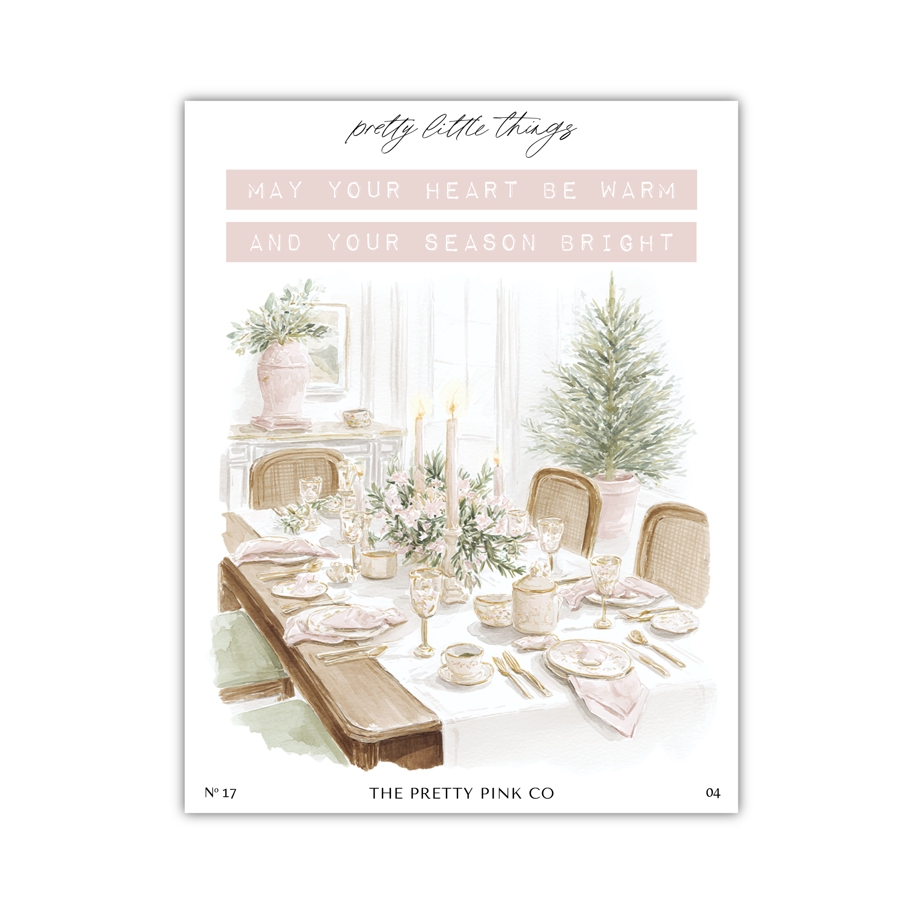 a beautifully set dining table with a Christmas tree, candles, and other festive decorations, accompanied by a message that reads "May your heart be warm and your season bright".