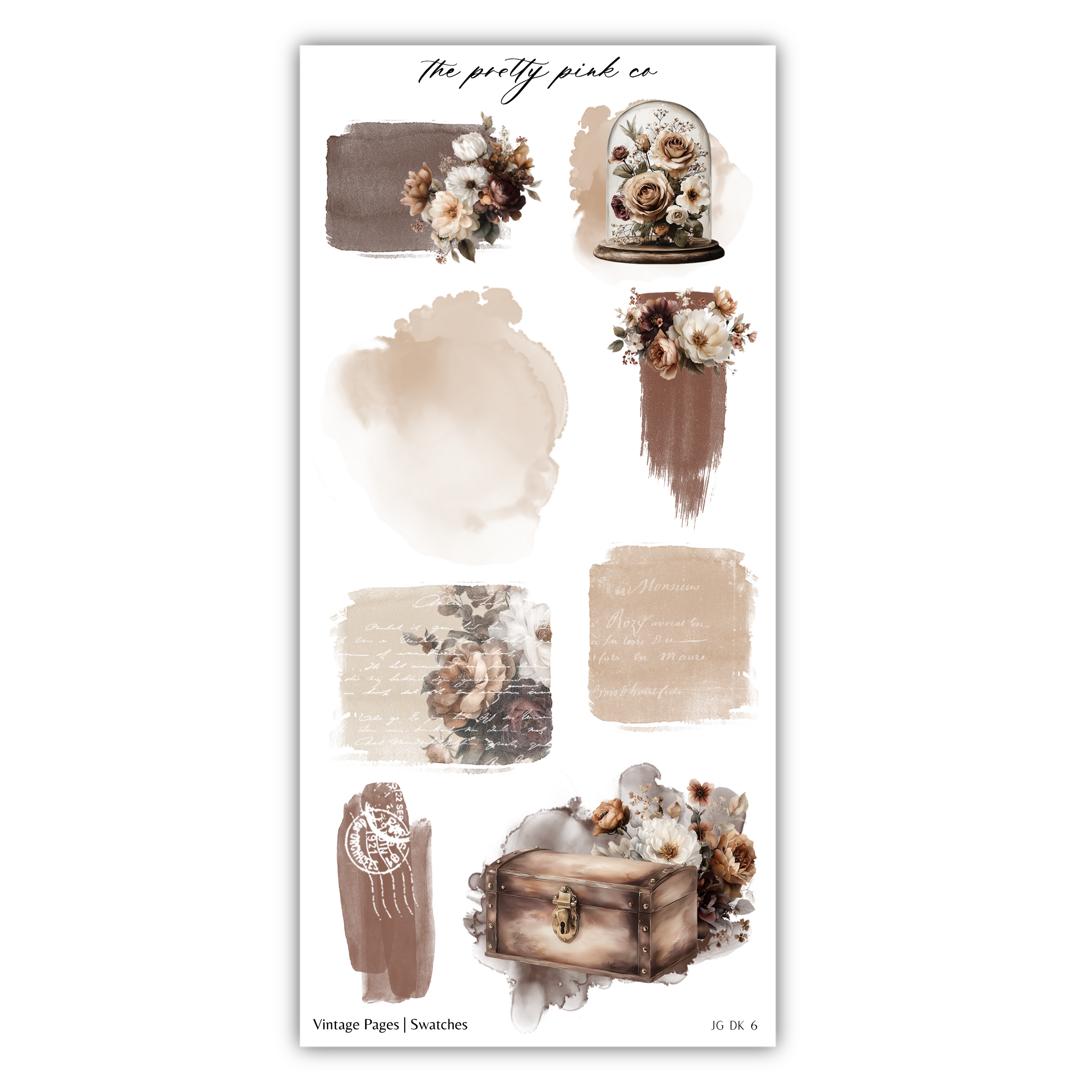 various floral and vintage-inspired elements, including a glass dome, a wooden chest, and a dreamcatcher. The image is a collage of different elements, and the text "The pretty pink co" is present, but it is not clear enough to transcribe accurately.