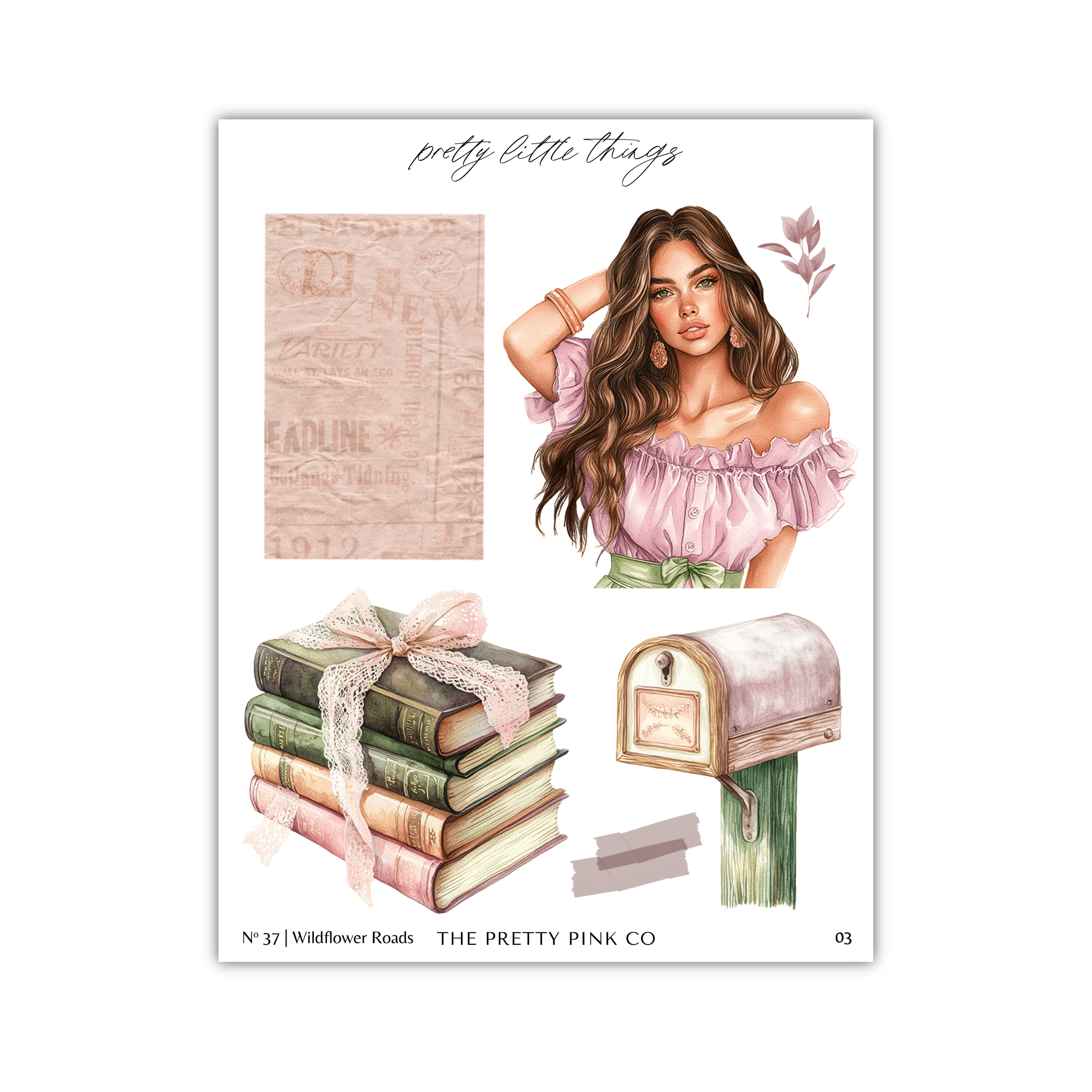 The image is a collage featuring a woman in a pink off-the-shoulder top, a stack of books, a mailbox, and a vintage-style newspaper.