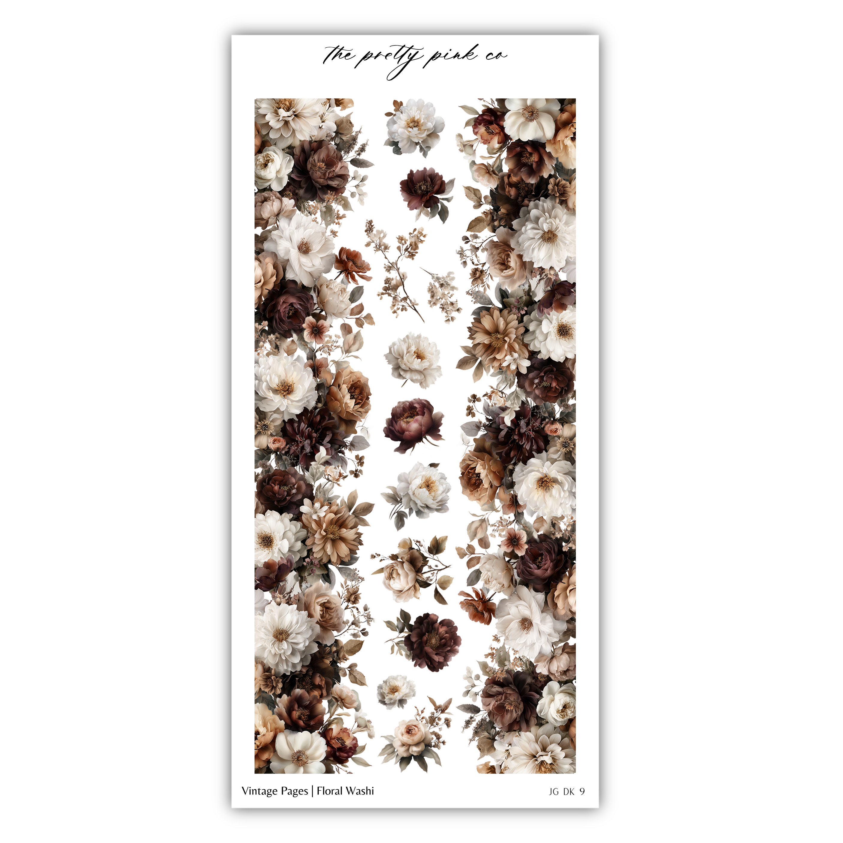 The image is a collage of various floral designs, including white, brown, and red flowers, arranged in a vertical pattern.