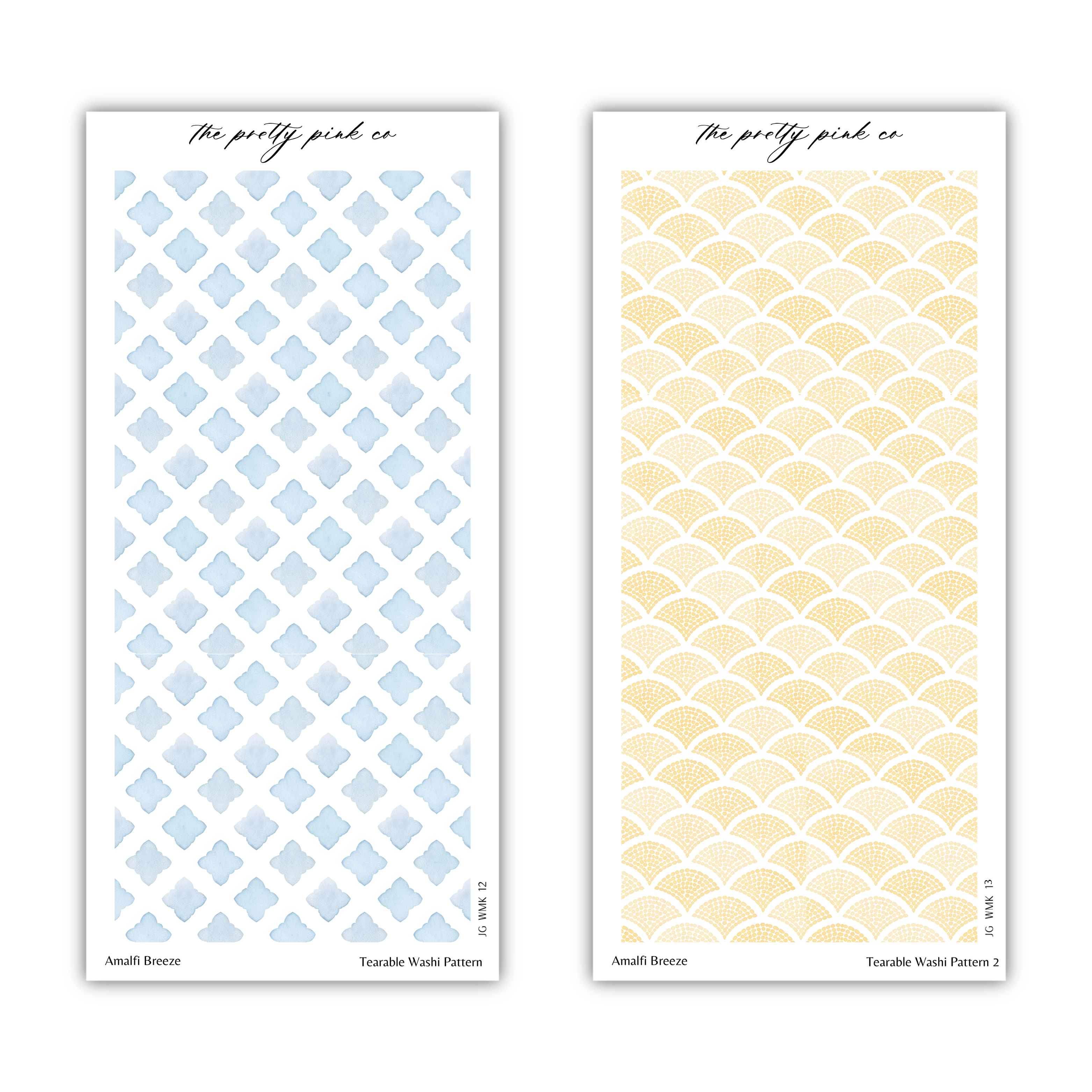 two identical vertical panels with a repeating pattern of blue and yellow diamond shapes. The text above the panels reads "The pretty pink co" and below the panels reads "Amallle Breeze" and "Tearable Wash Pattern 2".