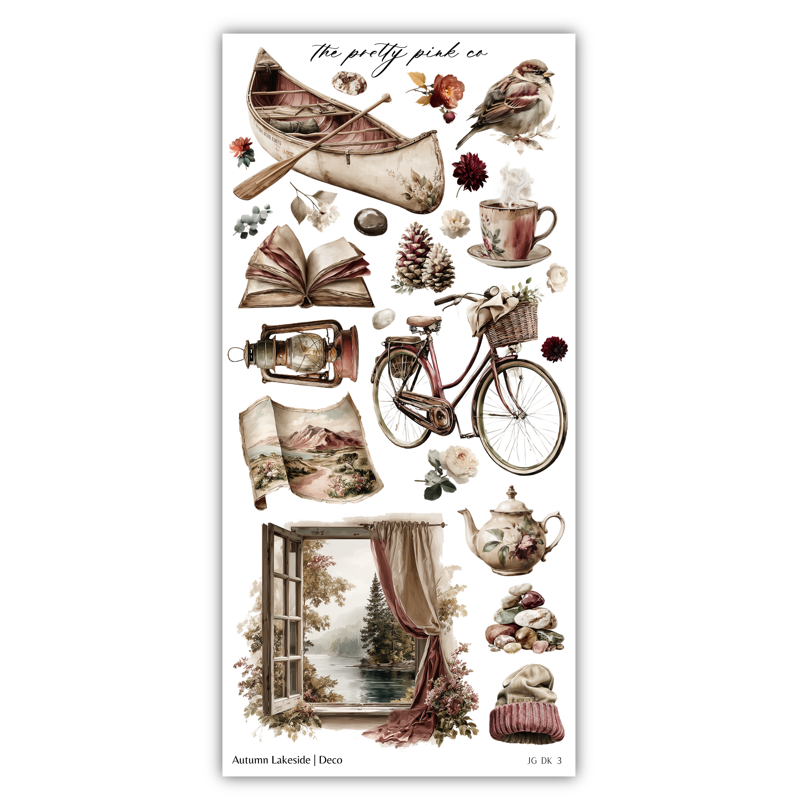 The image is a collage of various objects and scenes, including a canoe, a bicycle, a teapot, a lantern, a book, a bird, a flower, a window, and a mountain. The objects are arranged in a visually appealing manner, creating a harmonious composition.
