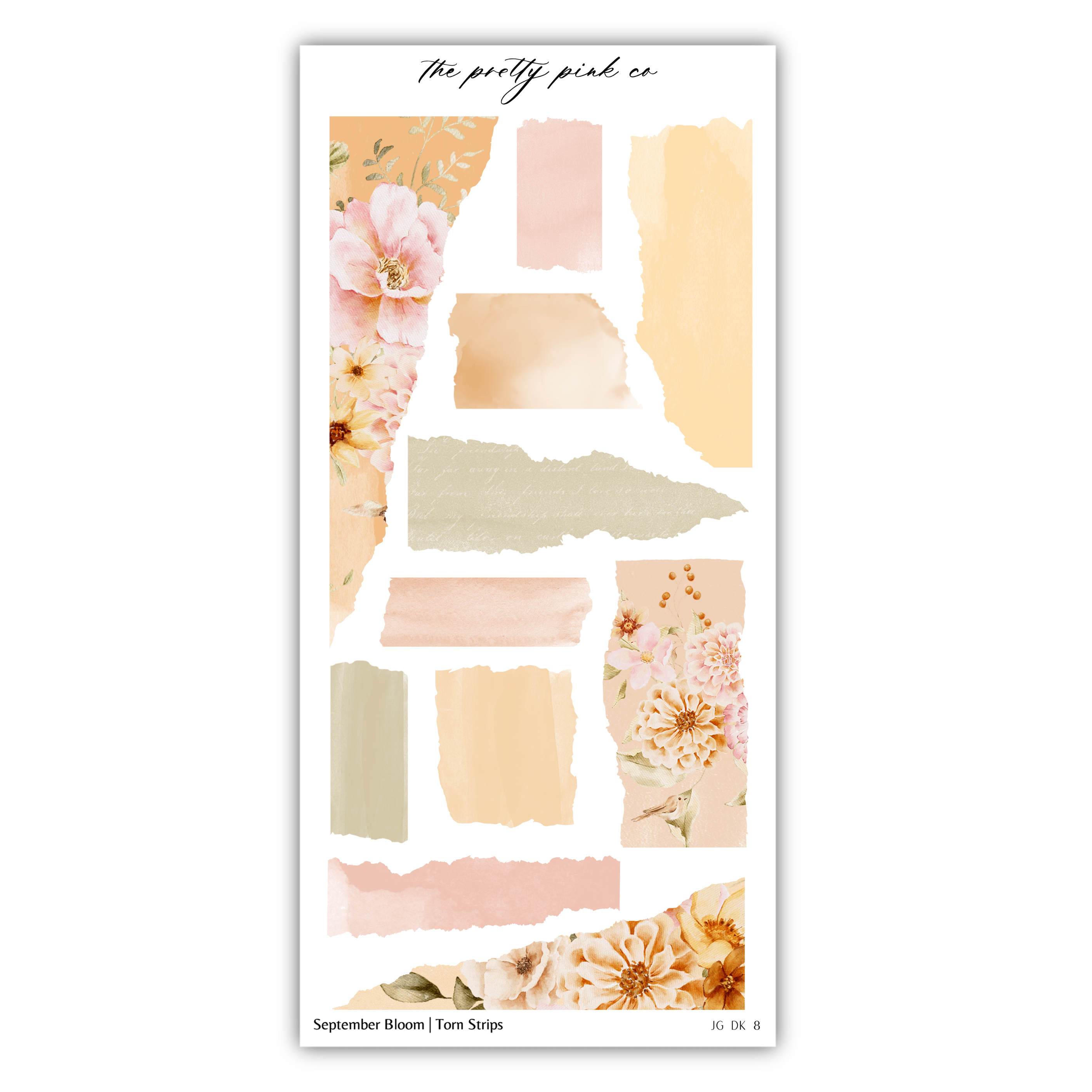 The image is a collage of various floral and abstract elements, including torn shapes and flowers in shades of pink, peach, and beige.