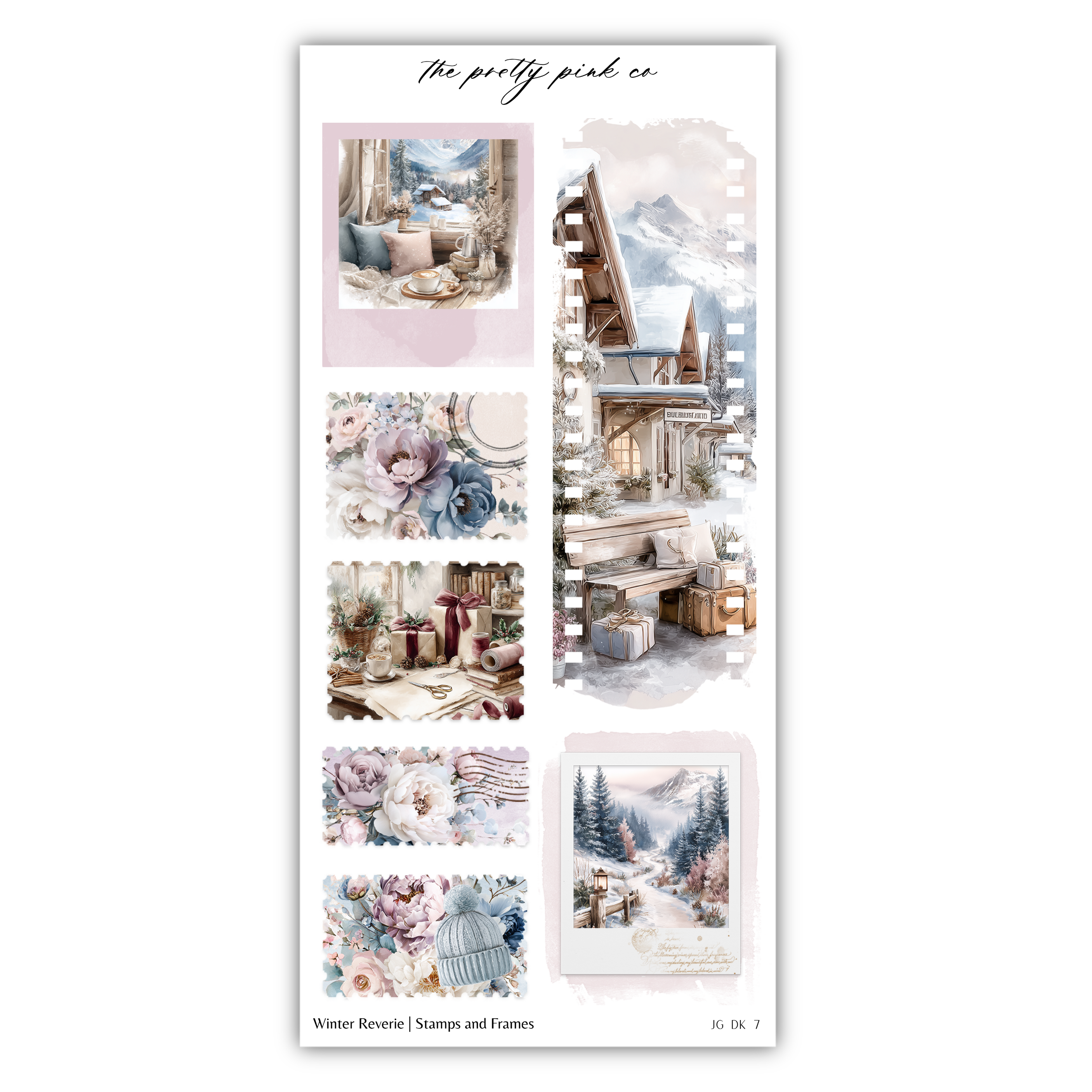 The image is a collage of various winter-themed images, including a snowy mountain, a cozy cabin, and floral arrangements. The collage is titled "The pretty pink co" and includes a "Winter Revere" stamp and frames.