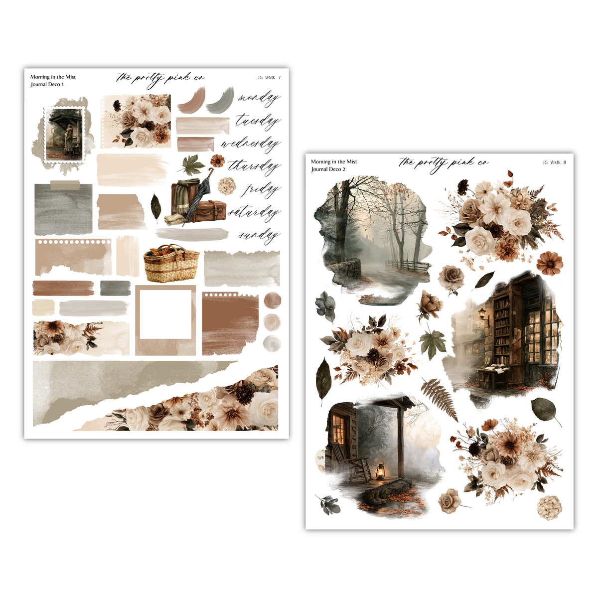 a collage of various elements, including floral and architectural motifs, such as a house, trees, and a basket. The collage appears to be a creative arrangement of different images, possibly intended for use in a journal or artistic project.