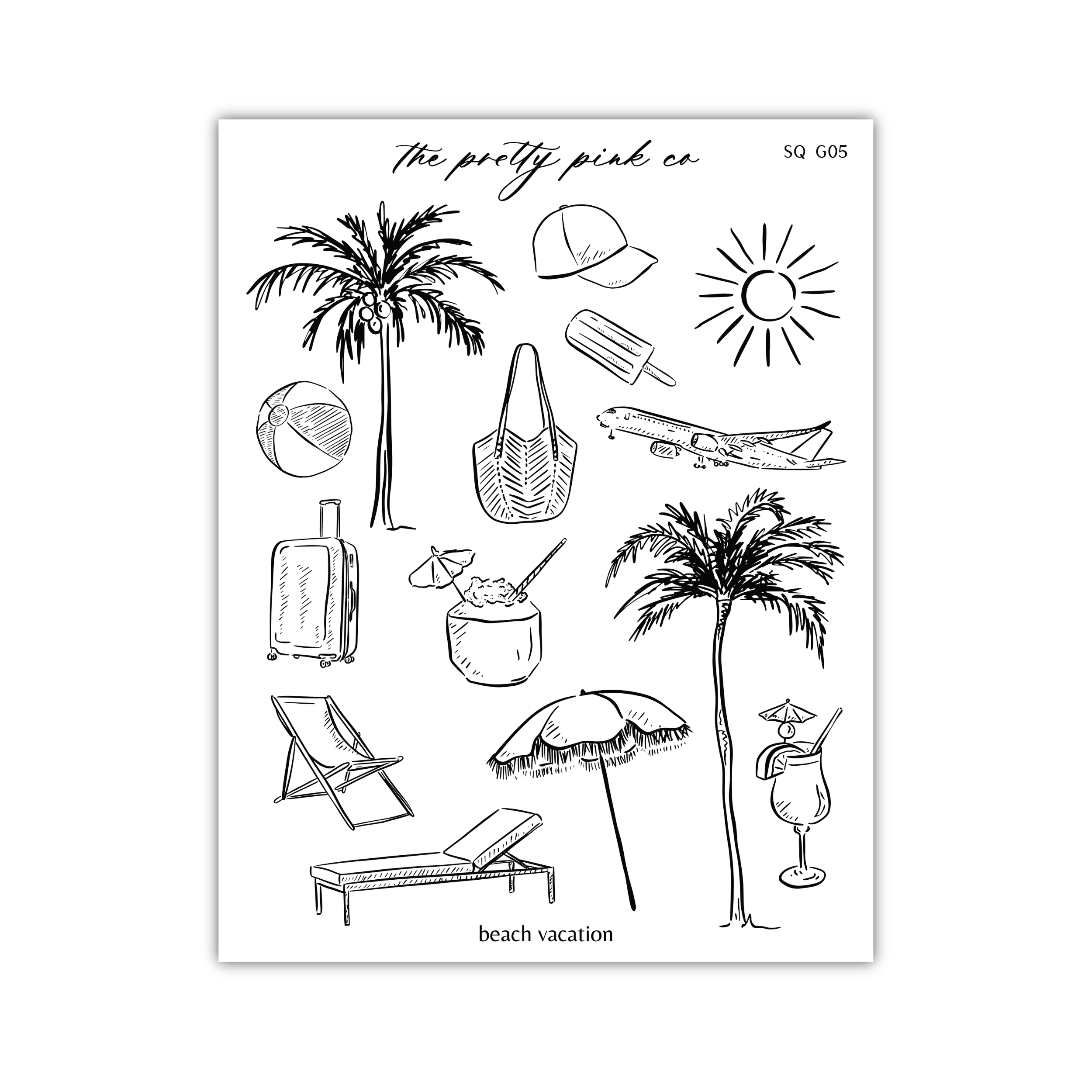 a black and white drawing of a beach vacation