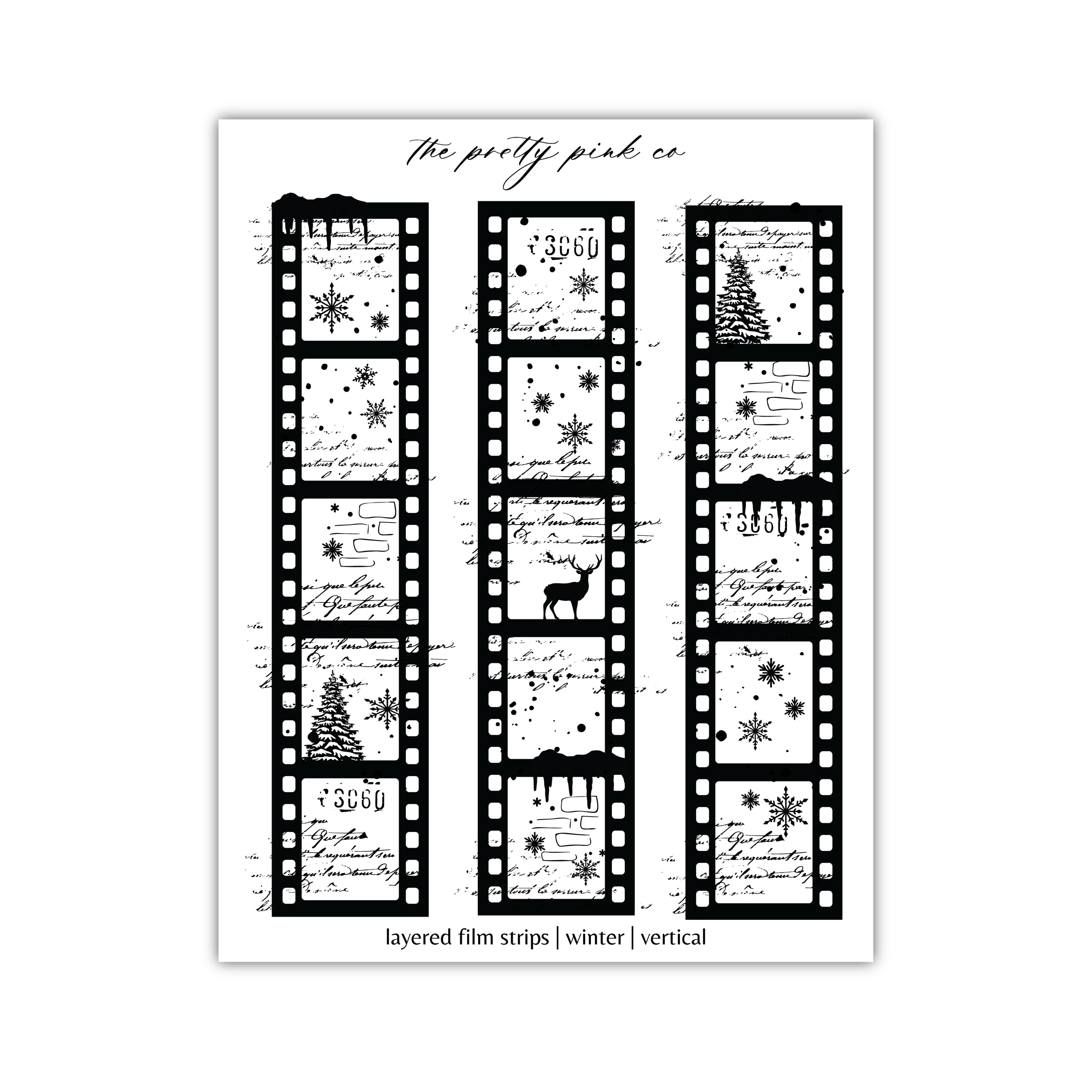a black and white film strip with a christmas tree