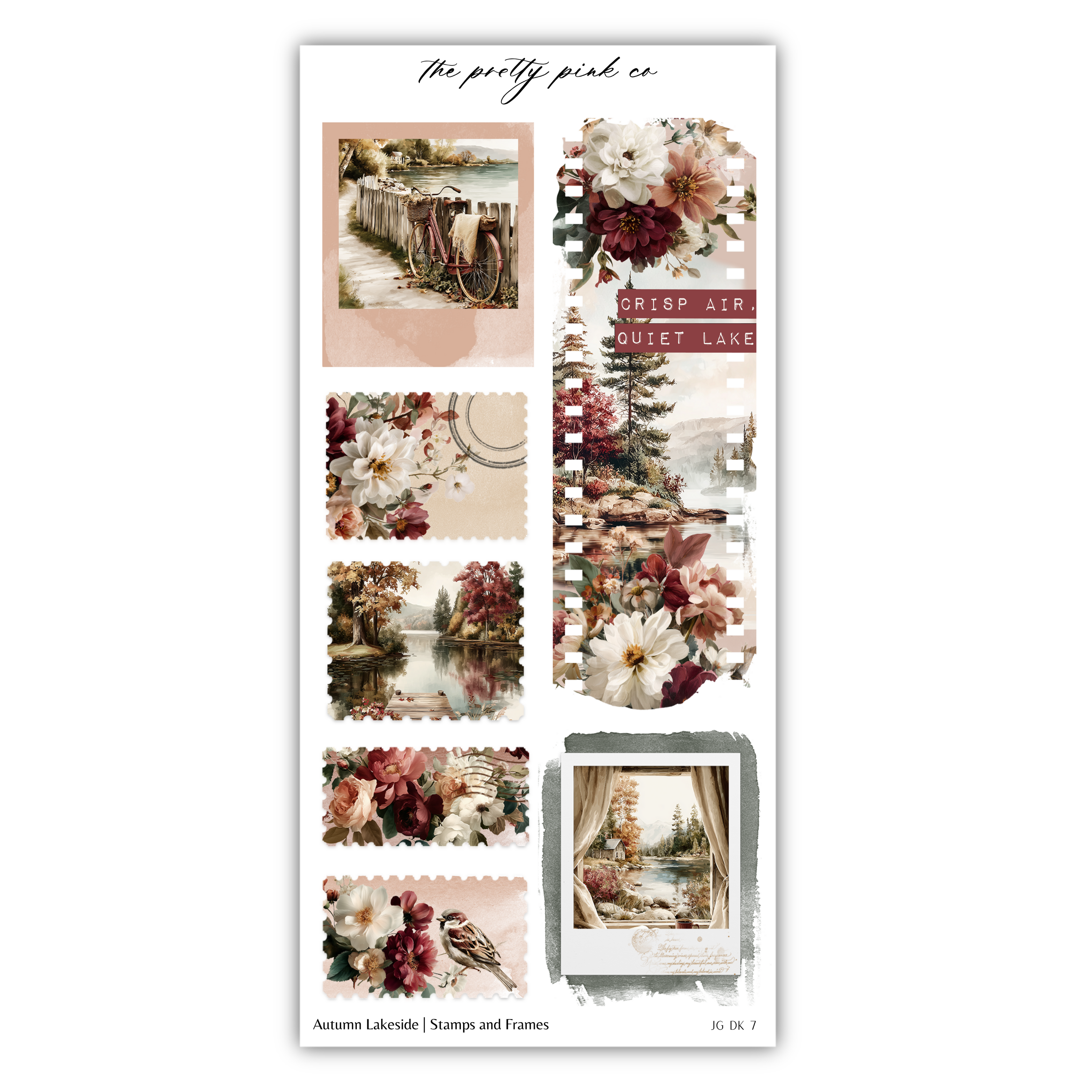 The image is a collage of various floral and nature-themed images, including a bridge, a lake, and a bird.