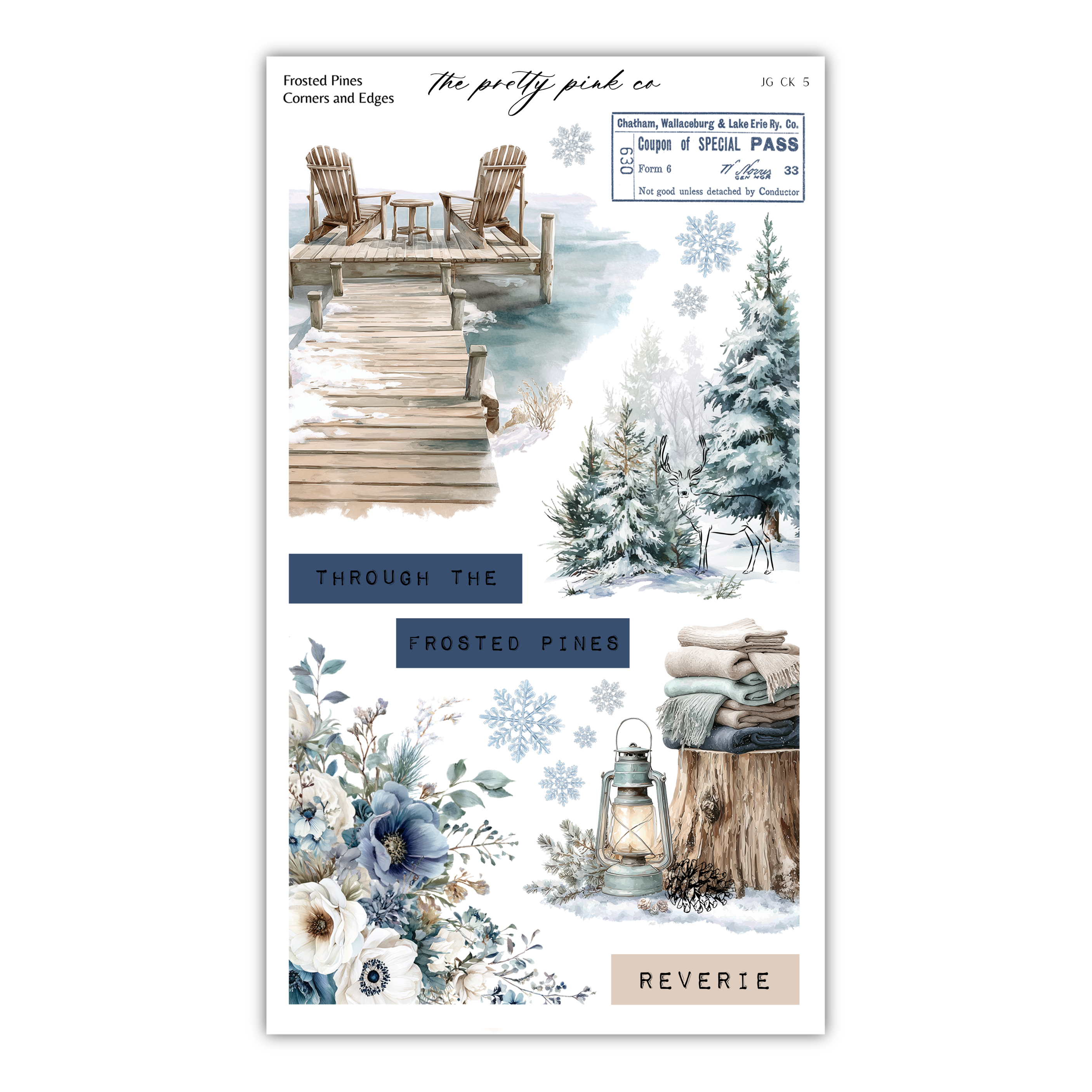 The image is a collage of winter-themed elements, including a wooden dock, a snowy pine tree, a lantern, and a floral arrangement. The collage is titled "The pretty pink co." and includes the words "Through the frosted pines" and "Reverie".